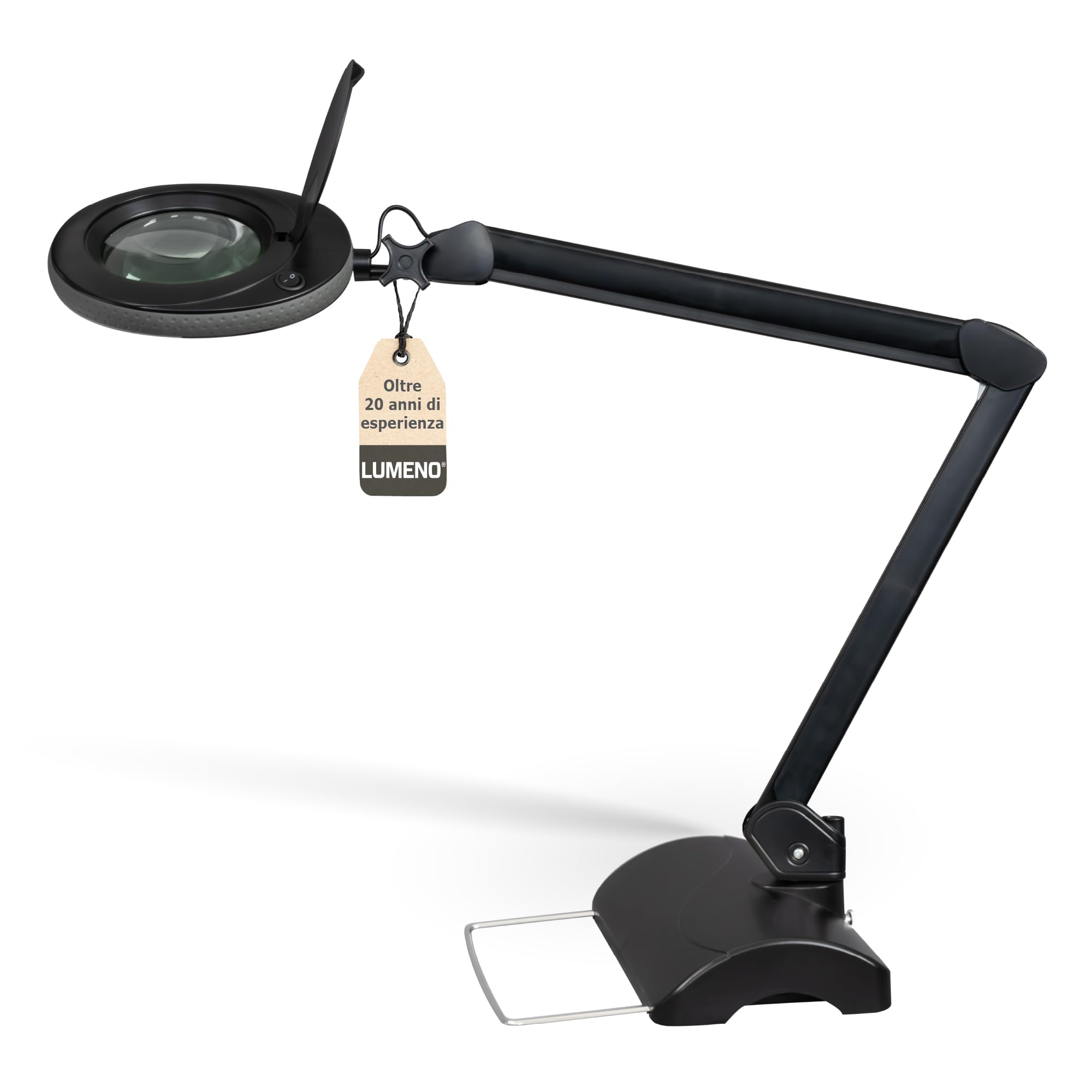 Lumeno LED lampada d'ingrandimento 7218SW, lente in vero vetro da 127 mm, lampada da lavoro, cosmetica, adatta per cosmetici, hobbisti, ausilio alla lettura, 8 diottrie nero con treppiede da tavolo