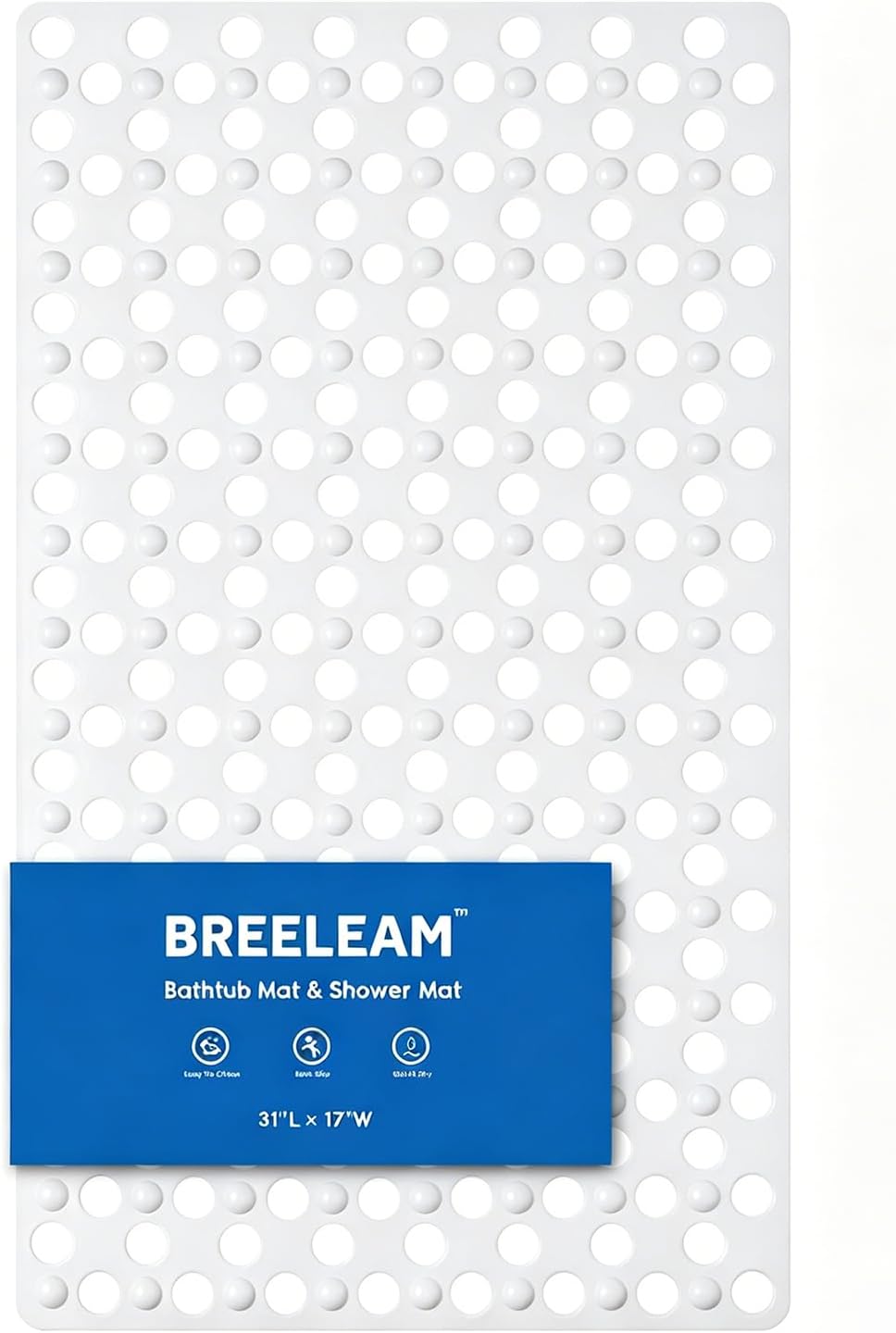 Non Slip Bathtub Mat and Shower Mat 31x17 inch,Bath Mat with Quick Dry Drain Holes and Suction Cups, Soft Comfortable Safe Bathroom Mat for Bath Tub, Floor, Tile (White)