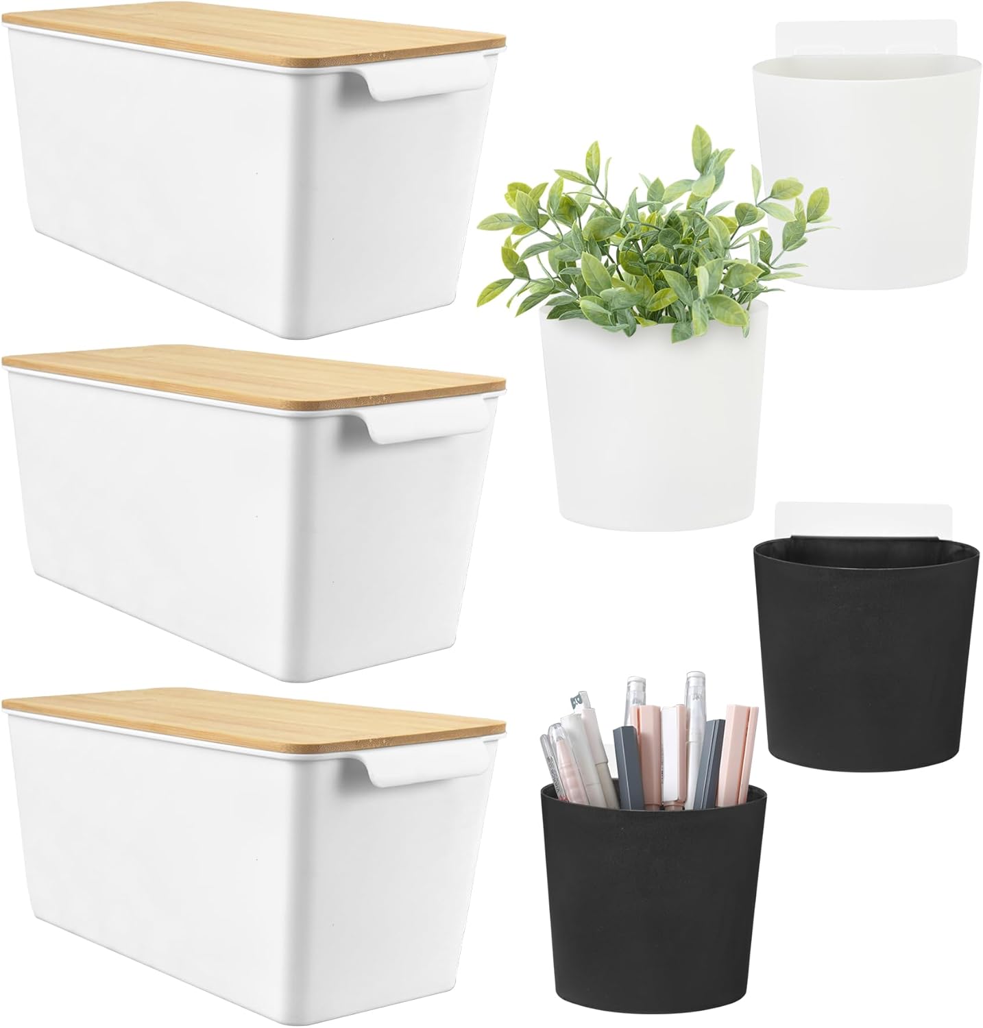 7PC Plastic Storage Bins 3 Pack White Bins with Bamboo Lid