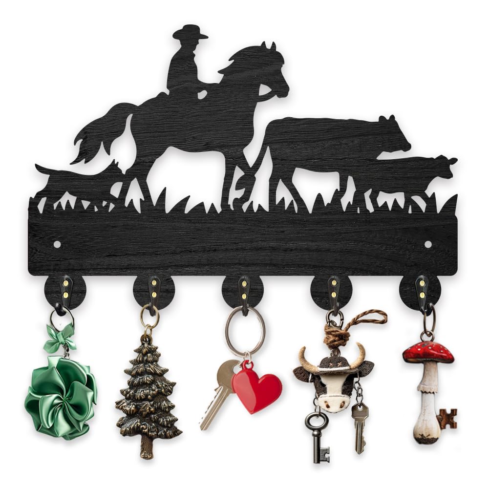 MAYJOYDIYWooden Cowboy Horse Cow Key Hooks 11.8 x 7.8inch Horseback Riding Ranch Coat Hangers Dog Animal Rustic Key Hangers with 5 Alloy Hooks for Wall Decorative Entryway Bedroom