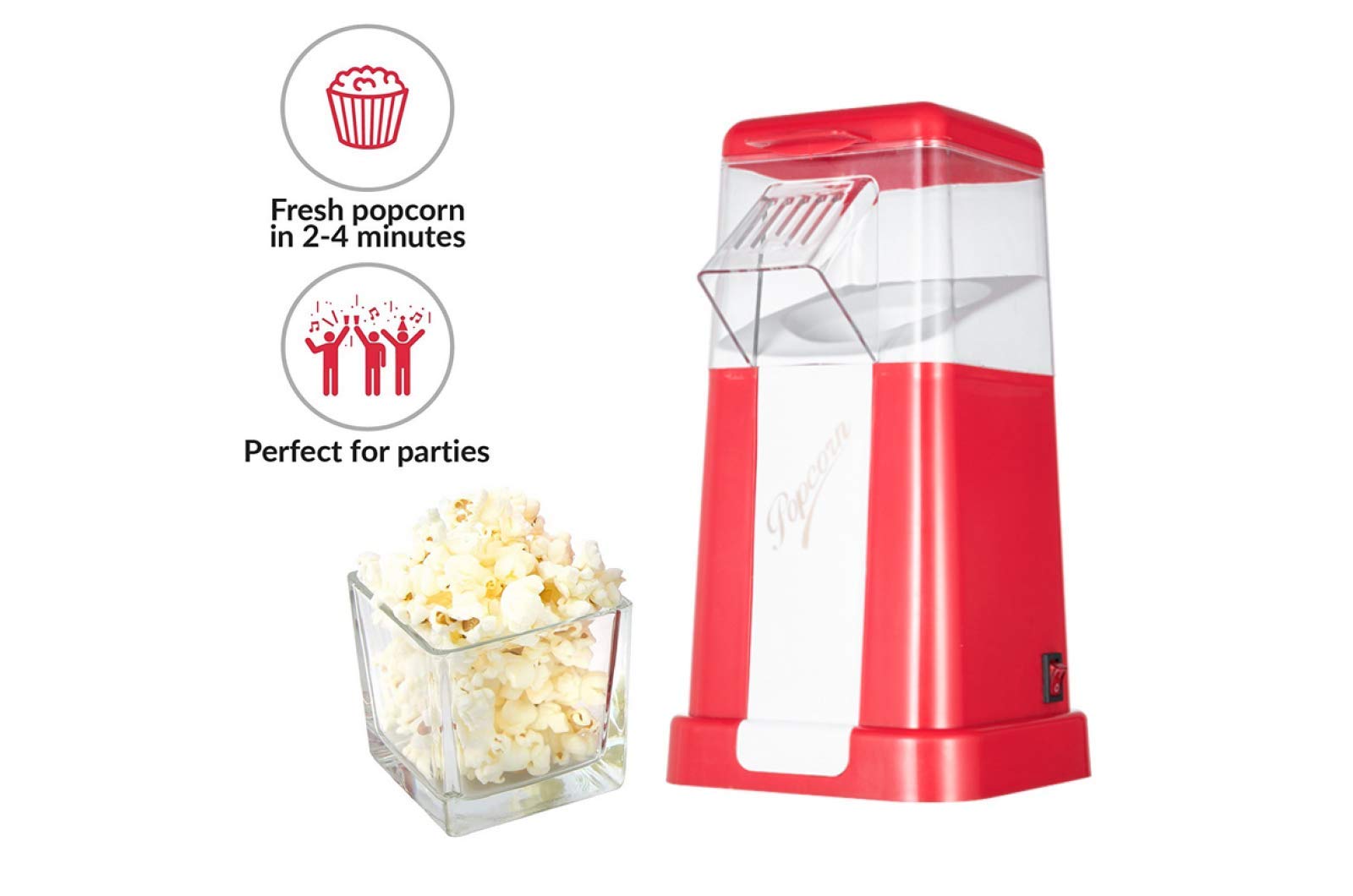 Macchina per Popcorn, 1200W Popcorn Popper Compatta ad Aria Calda Senza Olio e Grassi, Macchina Pop Corn con Design a Bocca Larga, Include Misurino e Coperchio Rimovibile,Red