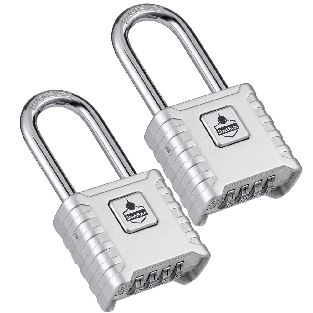 SharkByte 2 Pack Long Shackle Combination Padlocks [Weatherproof] 52mm 4-Digit Outdoor locks, 8mm Stainless Steel Shackles, Anti-Rust & Resettable Code Locks for Gate, Fence, Garage, Shed, Gym, Silver