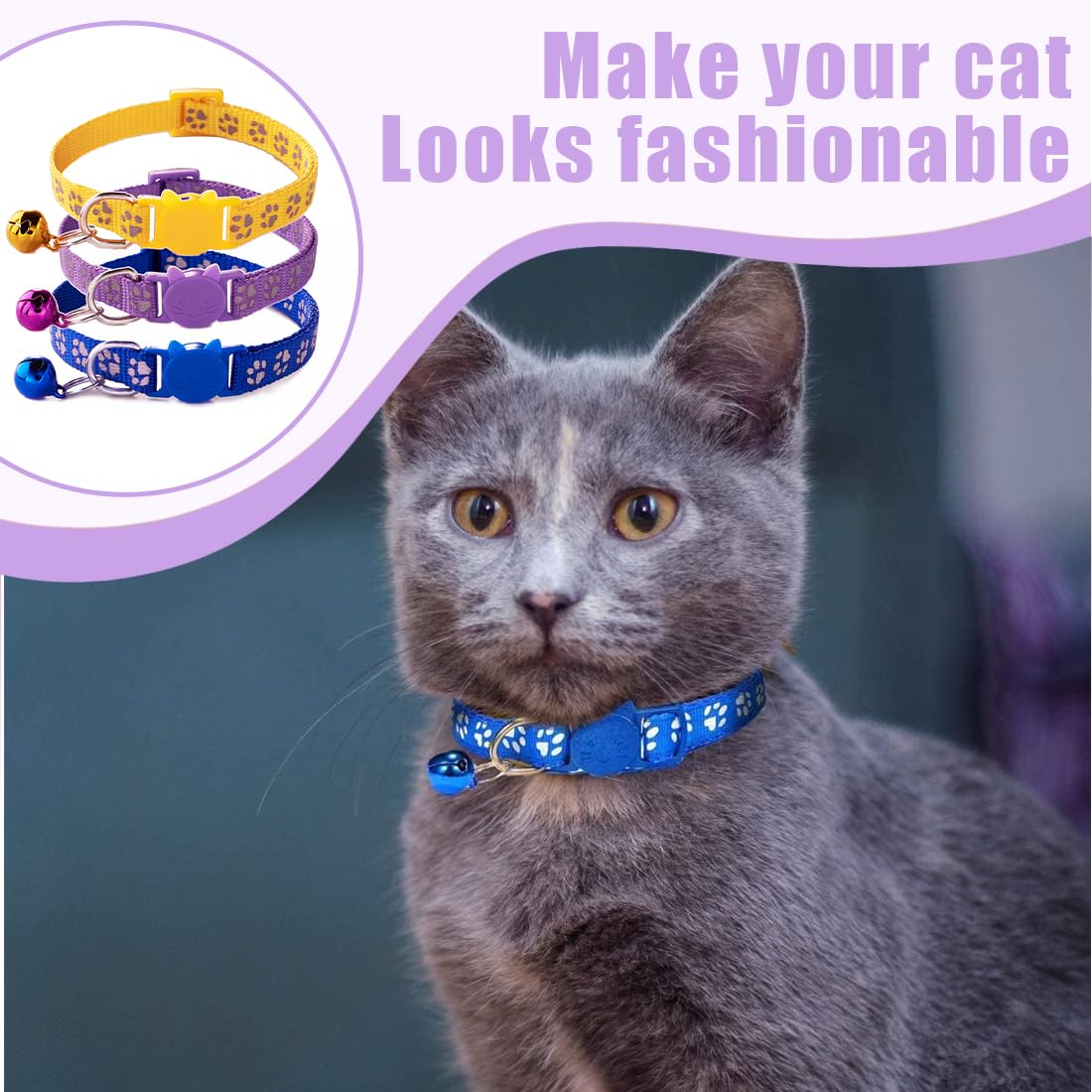 GXGM 3 Pezzi Collare Gatto Antistrozzo con Fibbia di, Sicurezza e Campanello, Regolabile Collare per Gatti, Sicuro Nylon Accessorio per Animali Domestici, Personalizzato (Blu Viola Giallo)