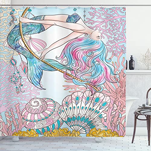Ambesonne Mermaid Shower Curtain, Cartoon Woman in Sea Sirens of Greek Myth Female Human Tail of Fish Image, Cloth Fabric Bathroom Decor Set with Hooks, 69' W x 70' L, Pink Blue