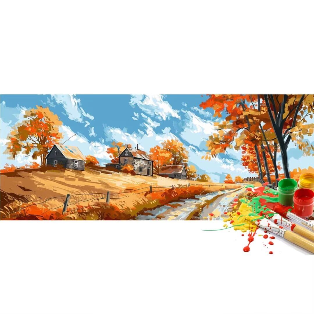 Malen Nach Zahlen Bauernhaus Herbst Malen Nach Zahlen Erwachsene, DIY Set Ölgemälde Malen Nach Zahlen XXL, Acrylfarben Painting by Numbers, für Geschenk Wanddekoration, 50x100cm (Ohne Rahmen)-YH255
