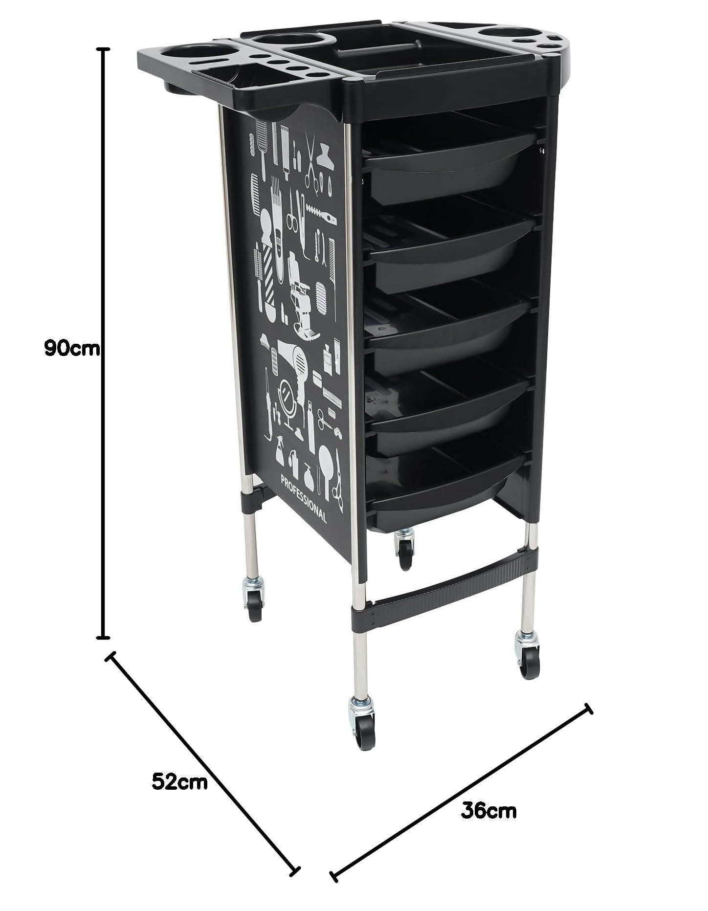 Friseurwagen, Arbeitswagen Rollwagen, mit 5 Schubladen Salon Trolley für Beauty Salon, Salonhilfe Friseur Arbeitswagen Wagen, Schwarz