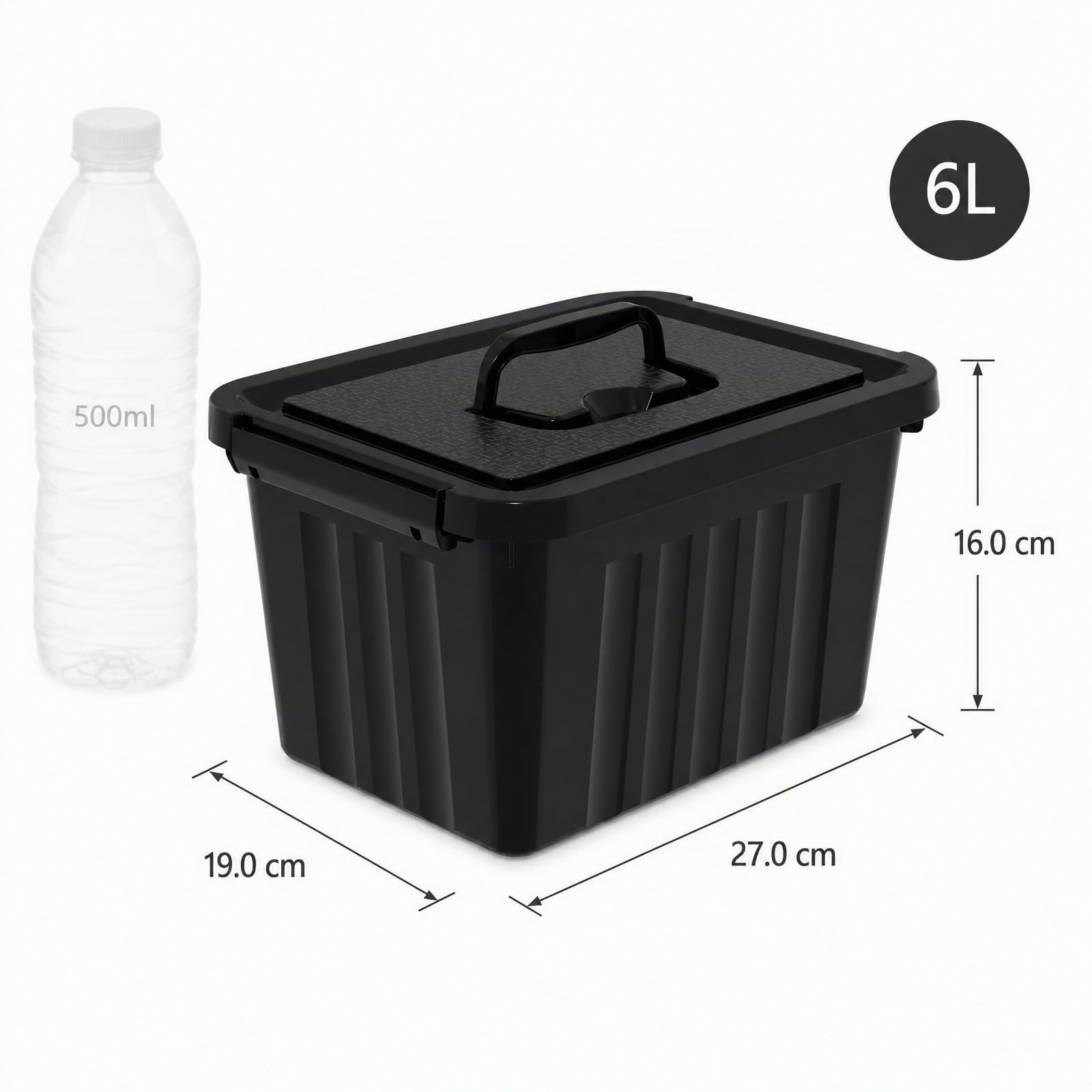 6 paquetes de cajas de almacenamiento negras de 6 L con tapas, 27 x 19,3 x 16 cm