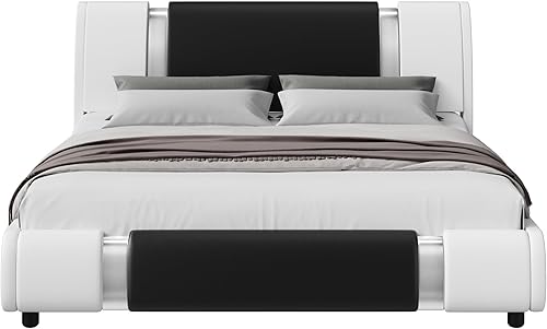 Miniatura 16 de Moderno armazón de cama tapizado de piel sintética con cabecera de decoración de metal, soporte de tablillas de madera, no necesita box spring,