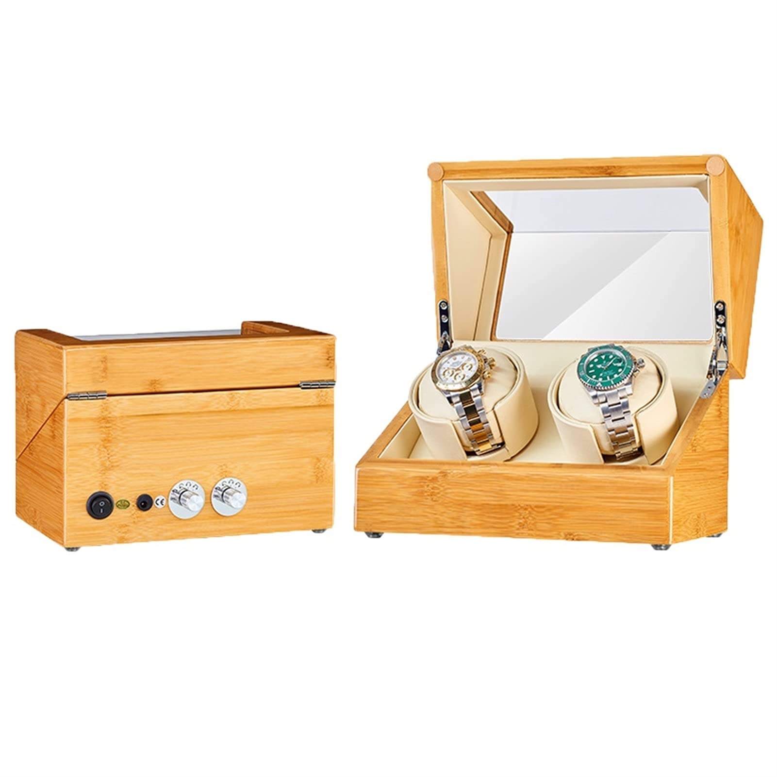 Uhrenaufbewahrungsbox, Doppeluhrenbeweger, Bambus-Holz-Automatikuhren-Aufbewahrungsbox mit leisem Motor, Flexible Uhrenkissen, passend für Damen- und Herrenuhren，