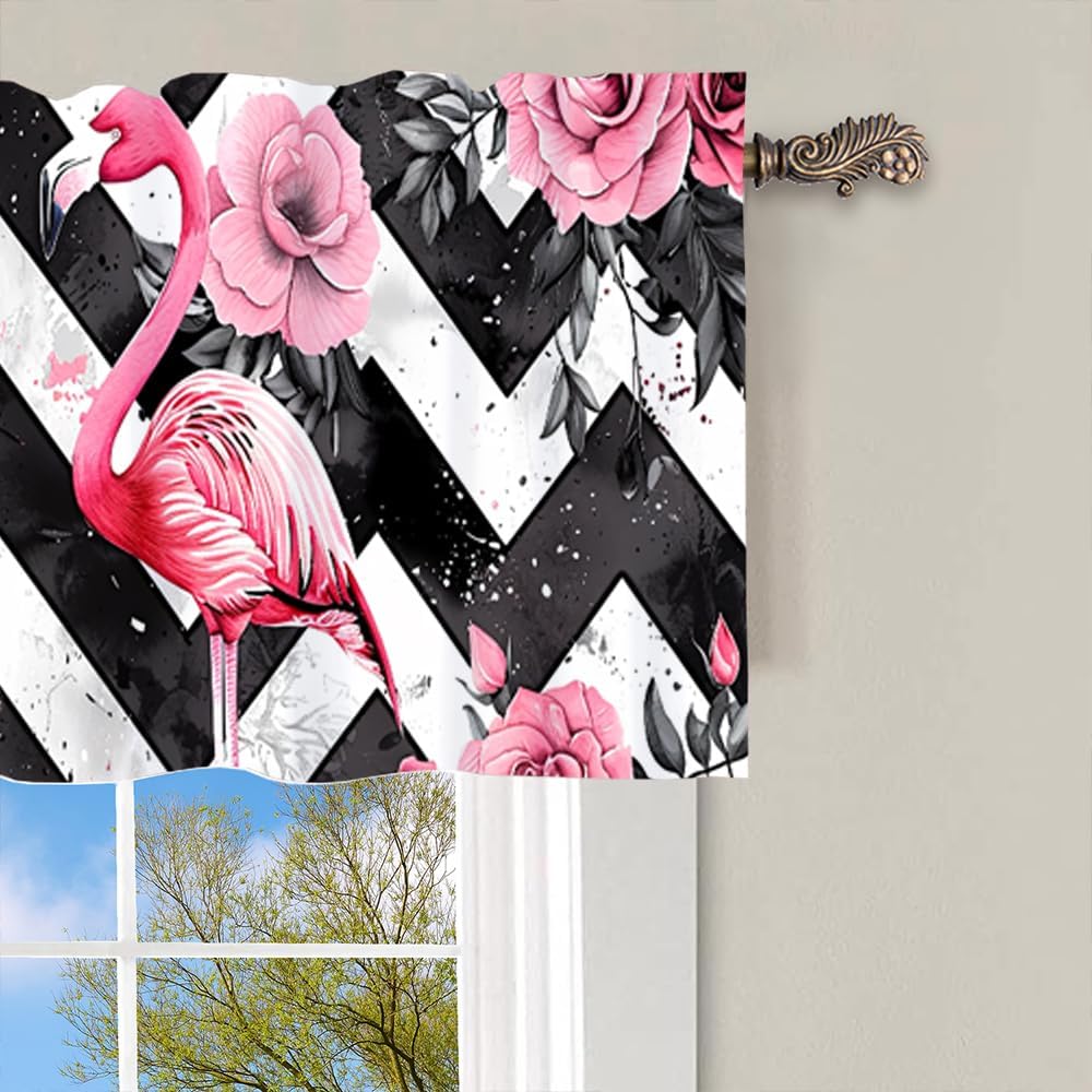 1 Panel Flamingo Rose Curtain Valance for Windows, Floral Chevron Design Rod Pocket Short Window Treatment Decor Drapes for Kitchen, Bathroom, 54" X 18"