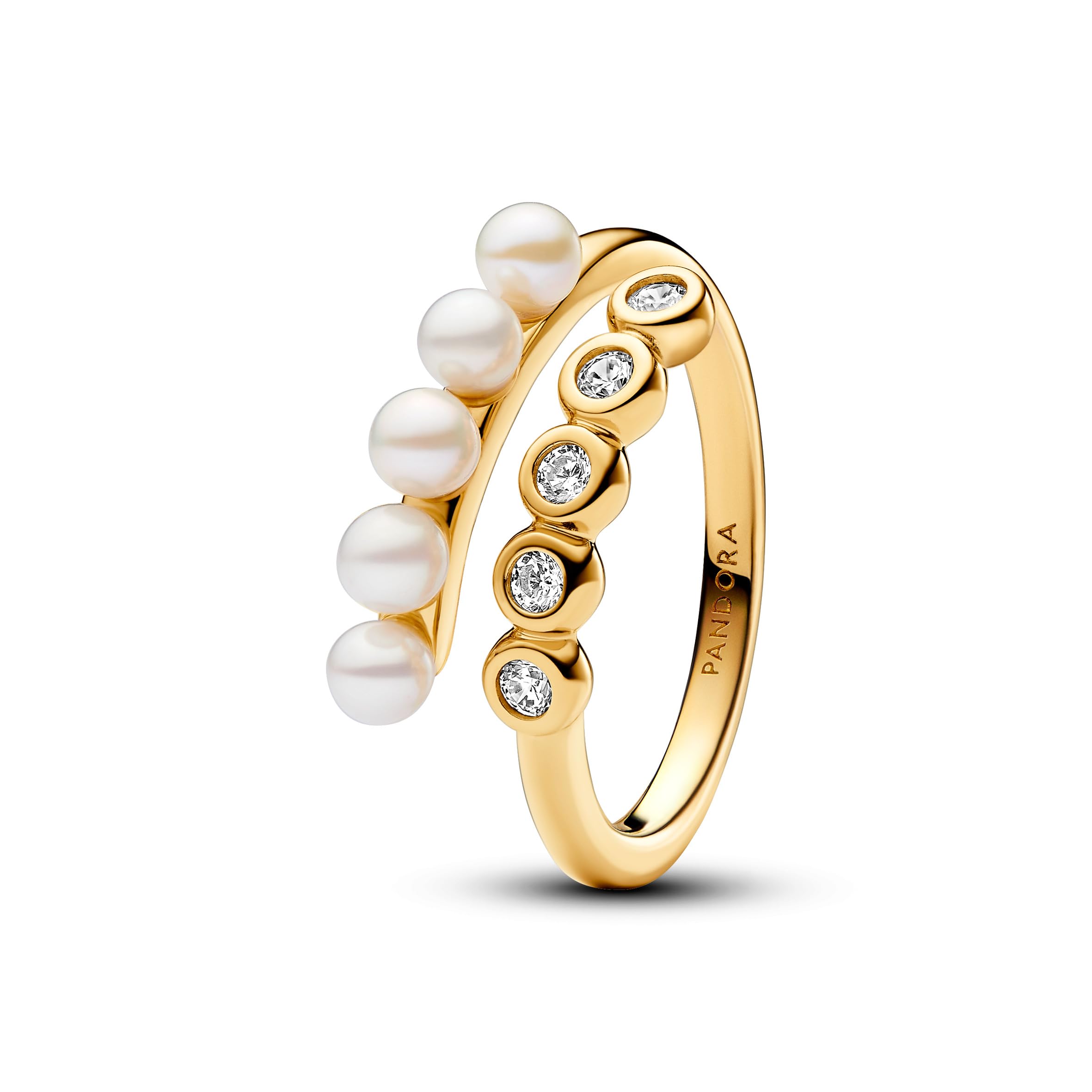 Pandora Timeless Ring, offen, 14-karätig vergoldet, mit weißer, behandelter Süßwasserzuchtperle und klarem Cubic Zirkonia