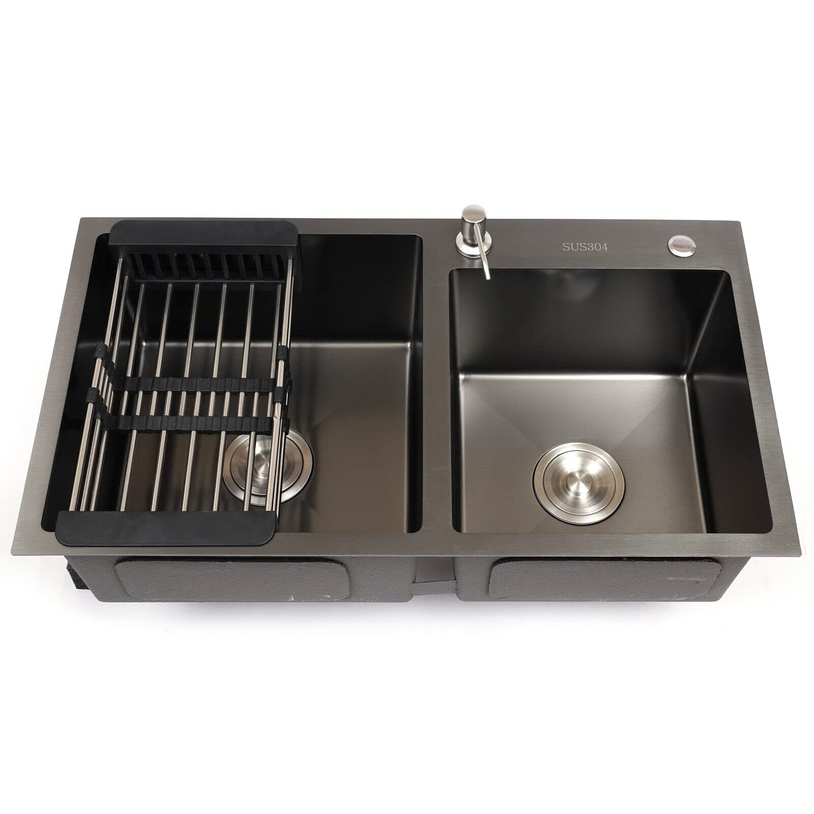Lavello da Incasso in Acciaio Inox Nero, 1 Vasca, Grande capacità, Doppia Vasca con Dispenser di Sapone e scolapasta (78 x 43 cm, 2 vasche) - Lavello da Cucina