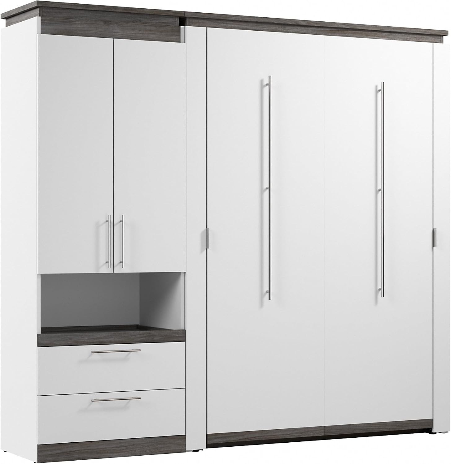 Bestar Orion Full Murphy Bed with Storage Cabinet and Pull-Out Shelf, Sleeping Arrangement with Shelves, White and Walnut Grey