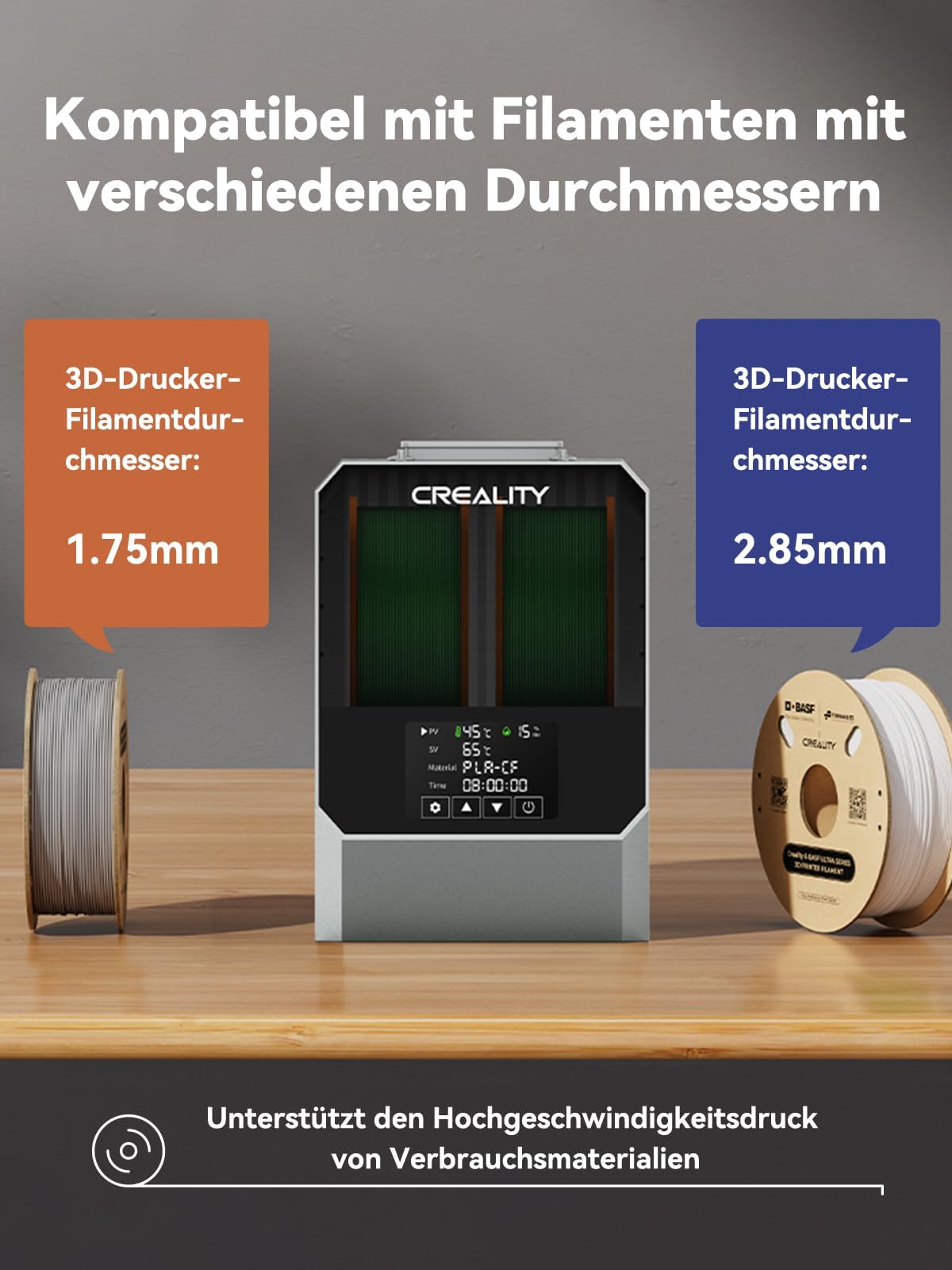Creality Space PI Plus Filament Trockner, 2-Rollen-Kapazität mit 48h Timer, 3,7 Zoll Touchscreen, PTC-Heizung & 360° Heißluftzirkulation für PLA/ABS/TPU/PETG/ASA (1,75mm/2,85mm)
