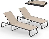 Oasbira Aluminum Foldable Chaise Lounge Chairs Set of 2 Outdoor - No Assembly, 5-Position Recliner, 400lb Capacity, Stable Legs for Pool Beach Yard, Khaki