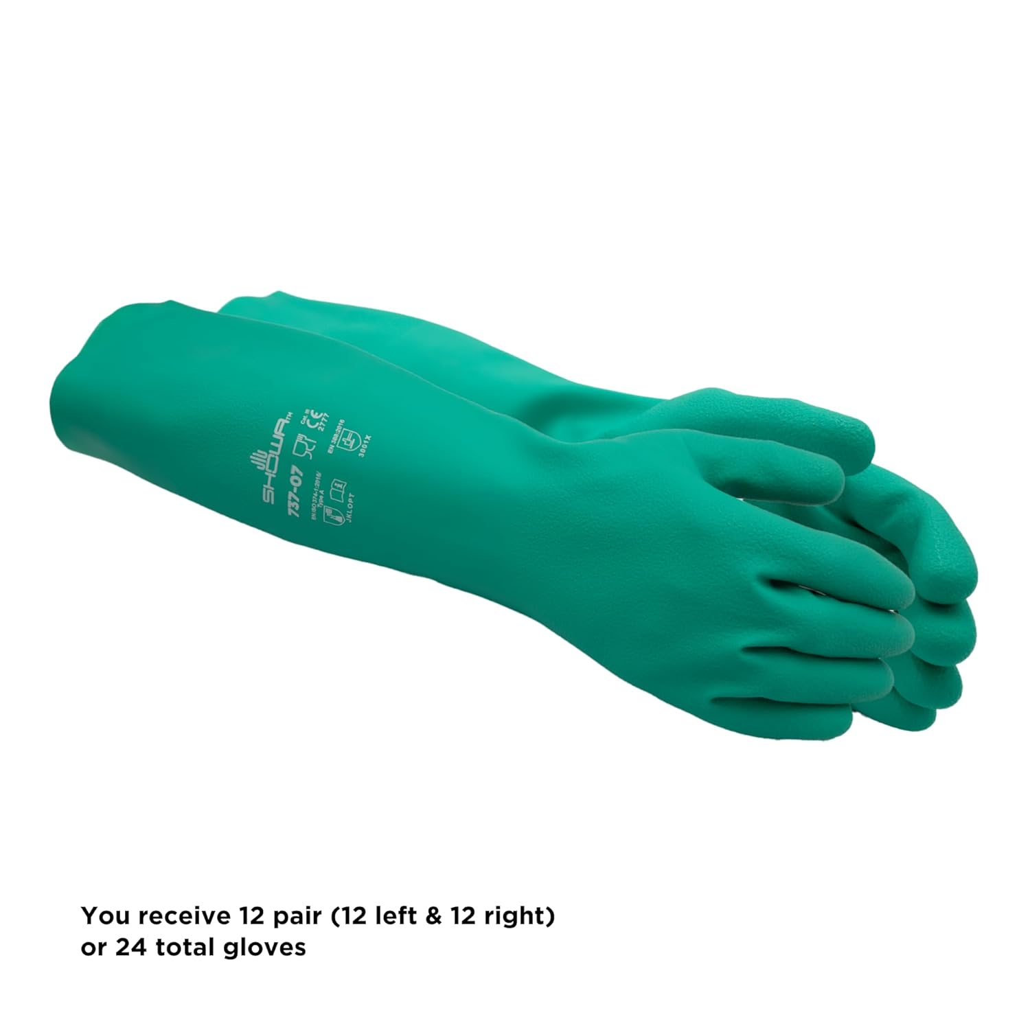 SHOWA 737 Nitrile Chemical Resistant Safety Glove, Unlined, Food Safe, 22 Mil Thick, 15" Length, Large (12 Pair)