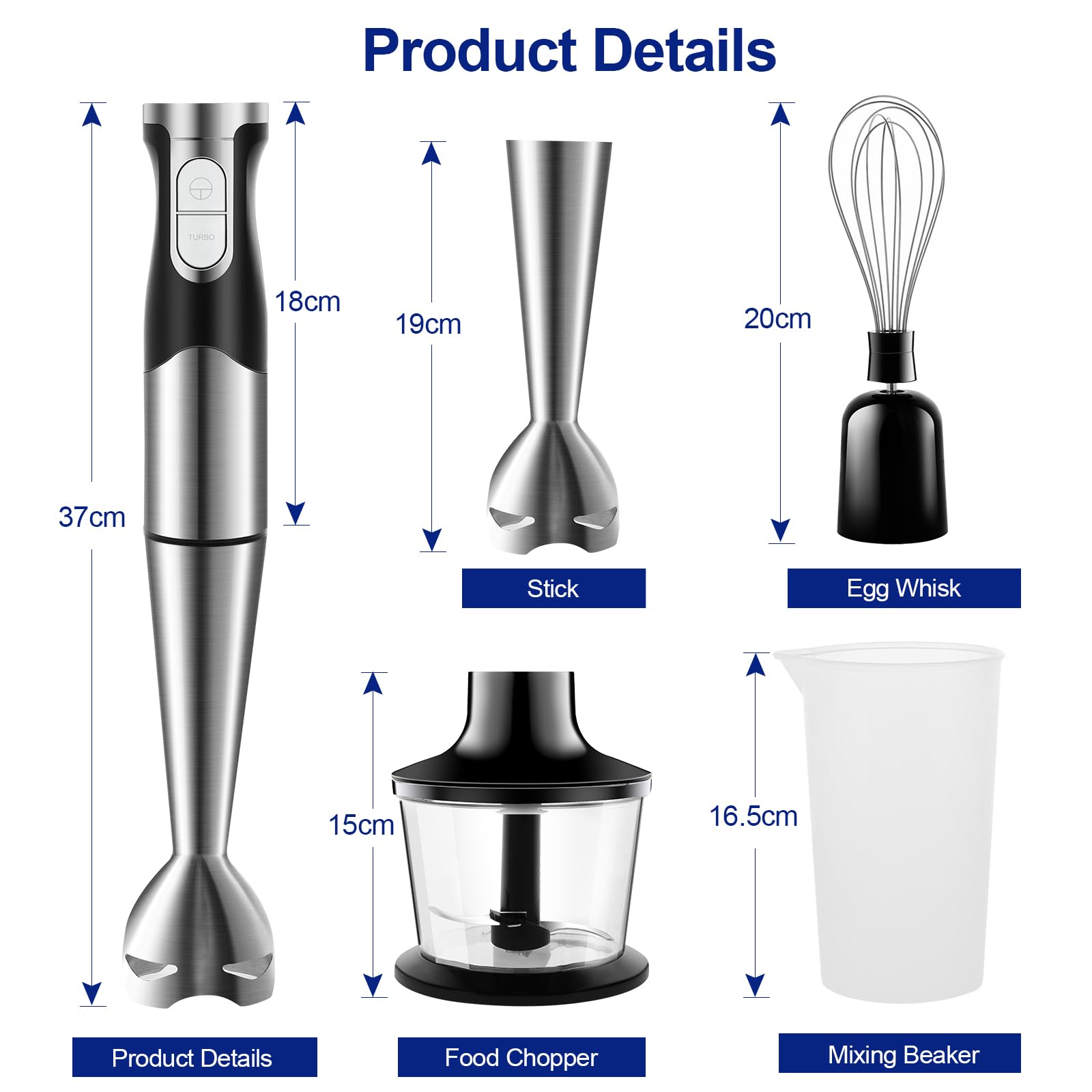 Batidora de Mano 1200W Eléctrica Multifuncionales 6-EN-1 con Picadora, Batidor de Huevos, Vaso Medidor, Pie Desmontable, Función Turbo Cuchilla de Acero Inoxidable — view 8