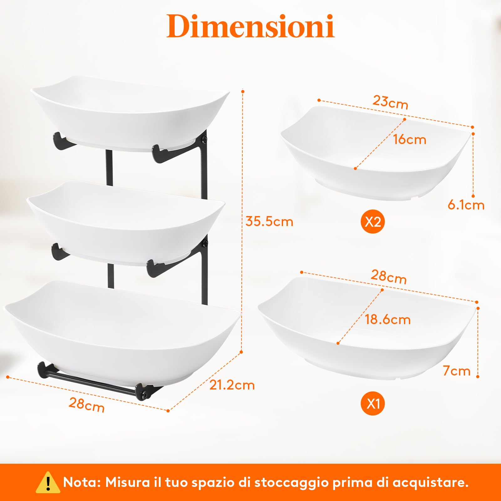 Lifewit Cestino per Frutta in Plastica a 3 Livelli Piano Cucina, Portafrutta con Supporto in Metallo Nero, Vassoio da Portata per Cibo, Verdure, Torte e Dessert per Feste, 28 x 35 cm, Nero