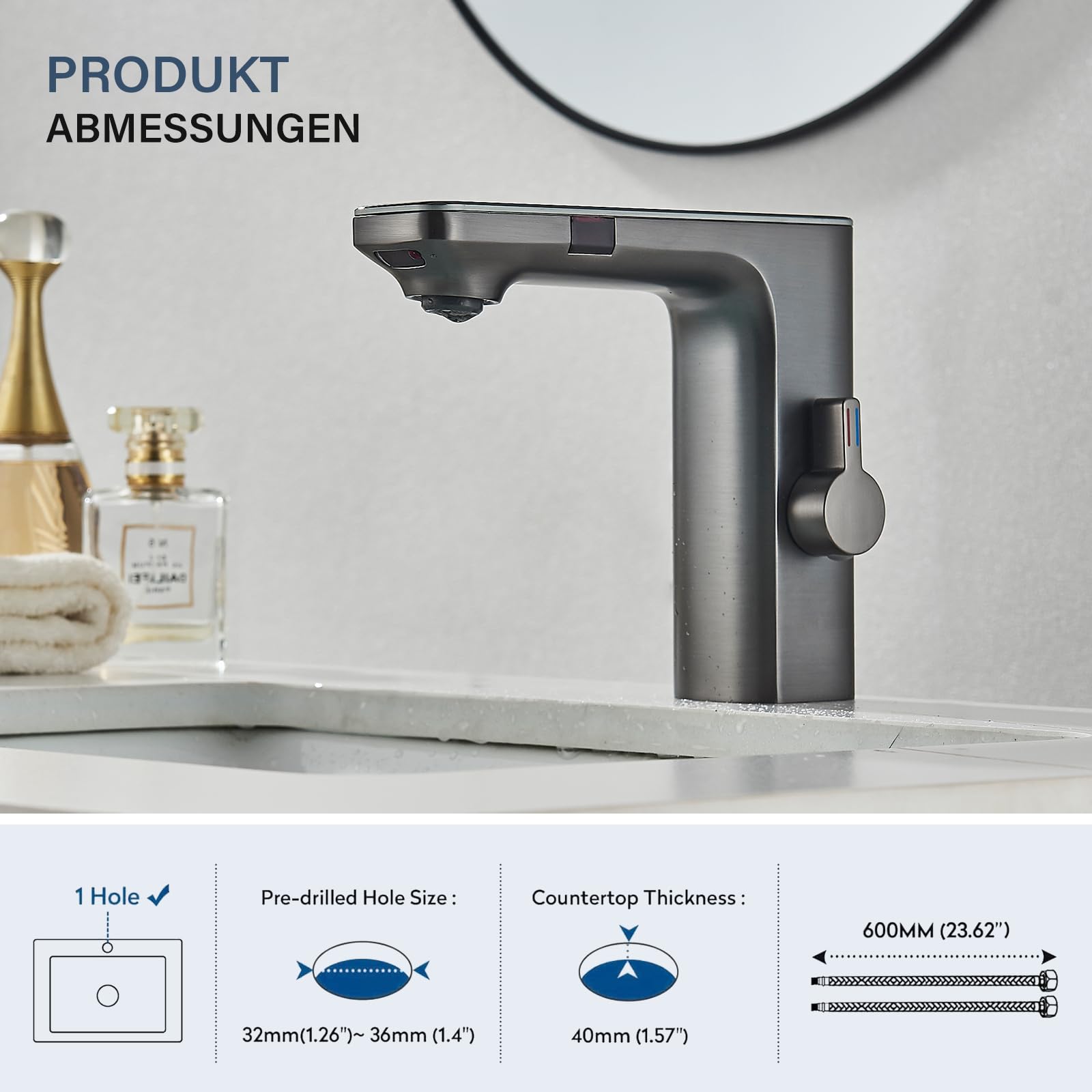 Grifo con sensor infrarrojo baño gris, sensor automático mezclador baño pantalla pantalla caliente agua fría grifo mezclador grifo lavabo