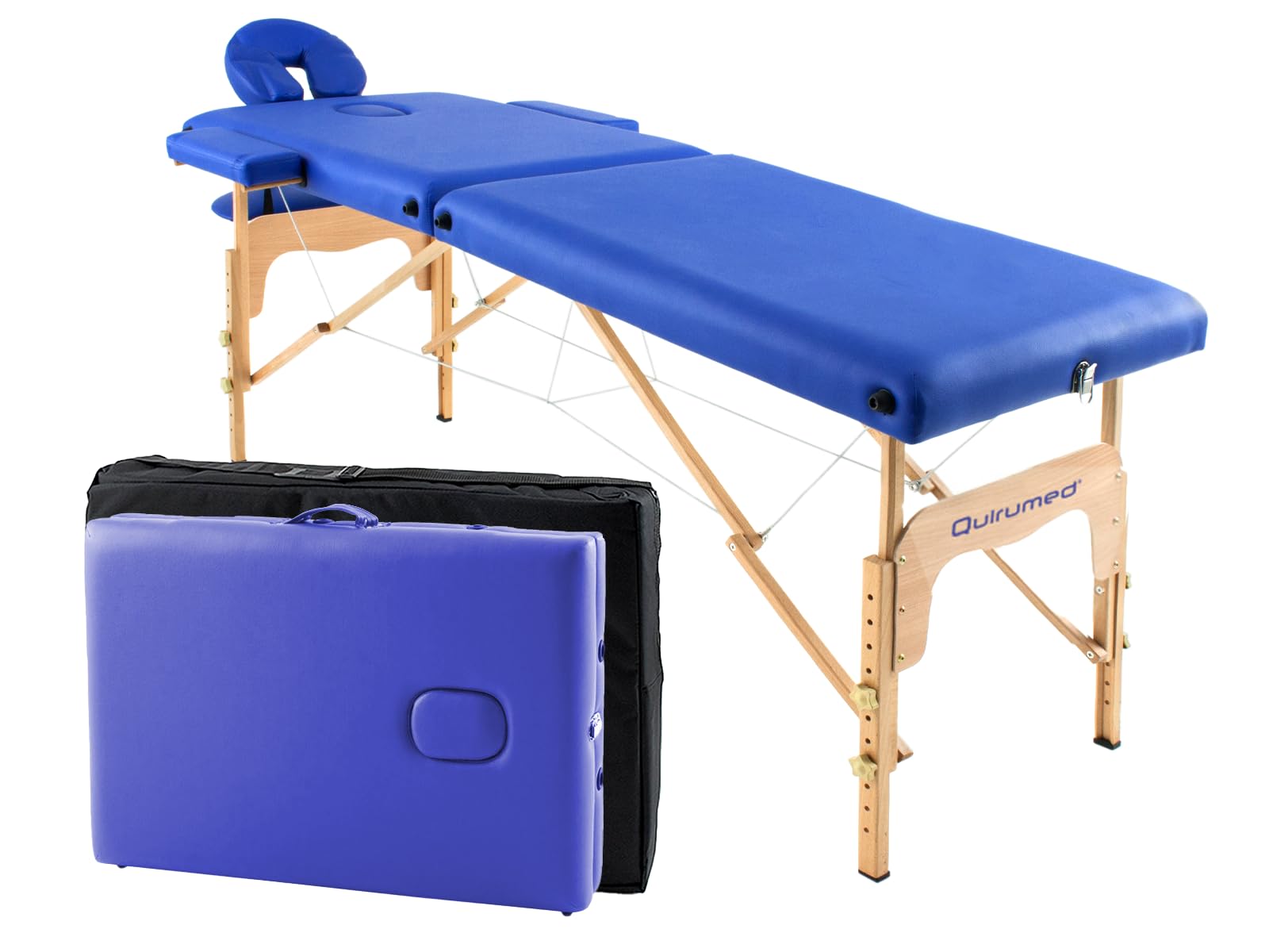 QUIRUMED Lettino da massaggio pieghevole in legno Easy, colore blu, 182 x 60 cm, ecopelle, portatile, leggera testa rimovibile, foro viso, altezza regolabile, fino a 120 kg