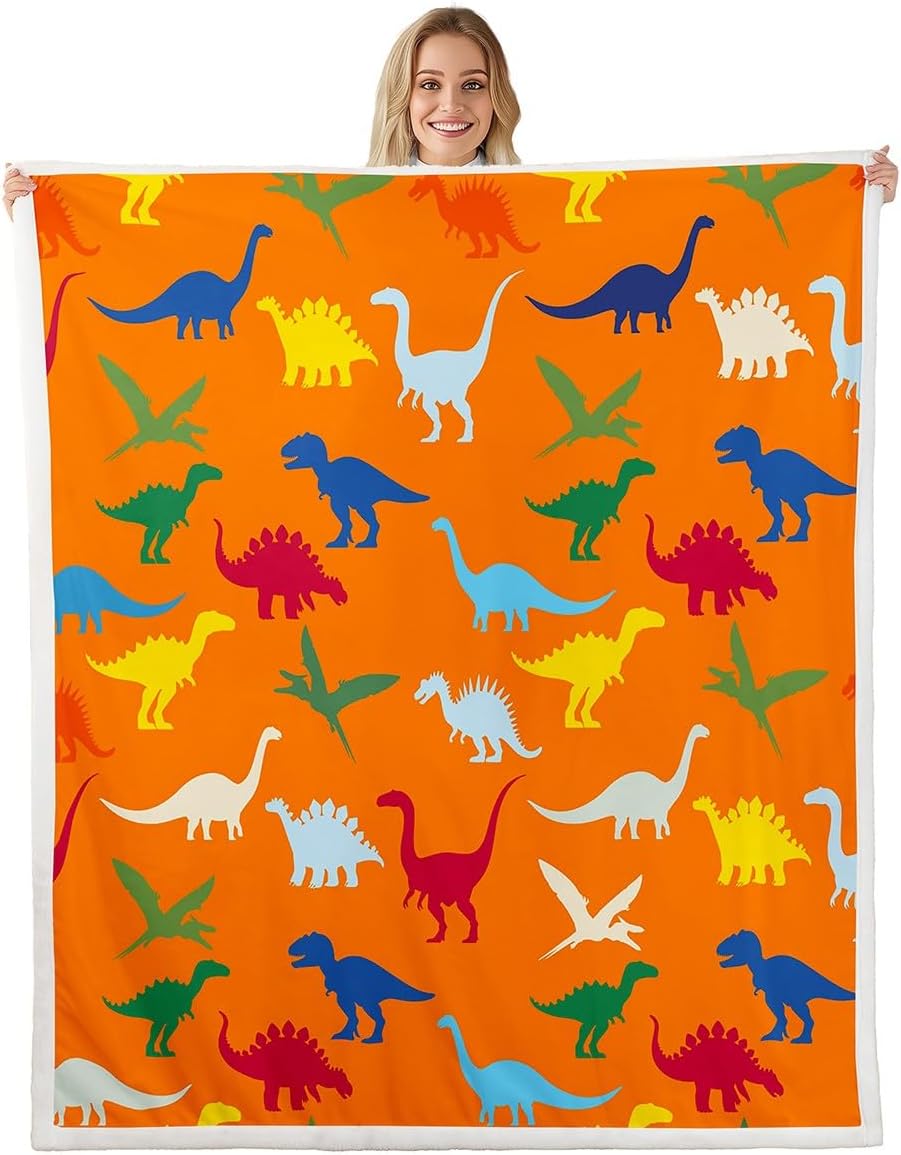 Feelyou Dinosaur Fleece Sherpa Blanket Kids Cartoon Dino Throw Blanket Boys Girls Bright Orange Decor Plush Blanket Jungle Animal Fuzzy Throw Blanket Bedroom Twin 60"x80"