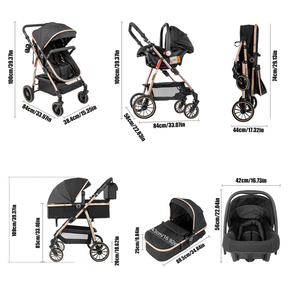 Kinderwagen 3 in 1 Premium System mit Autositz, UPF 50+ Sonnenschutz, Schwarz