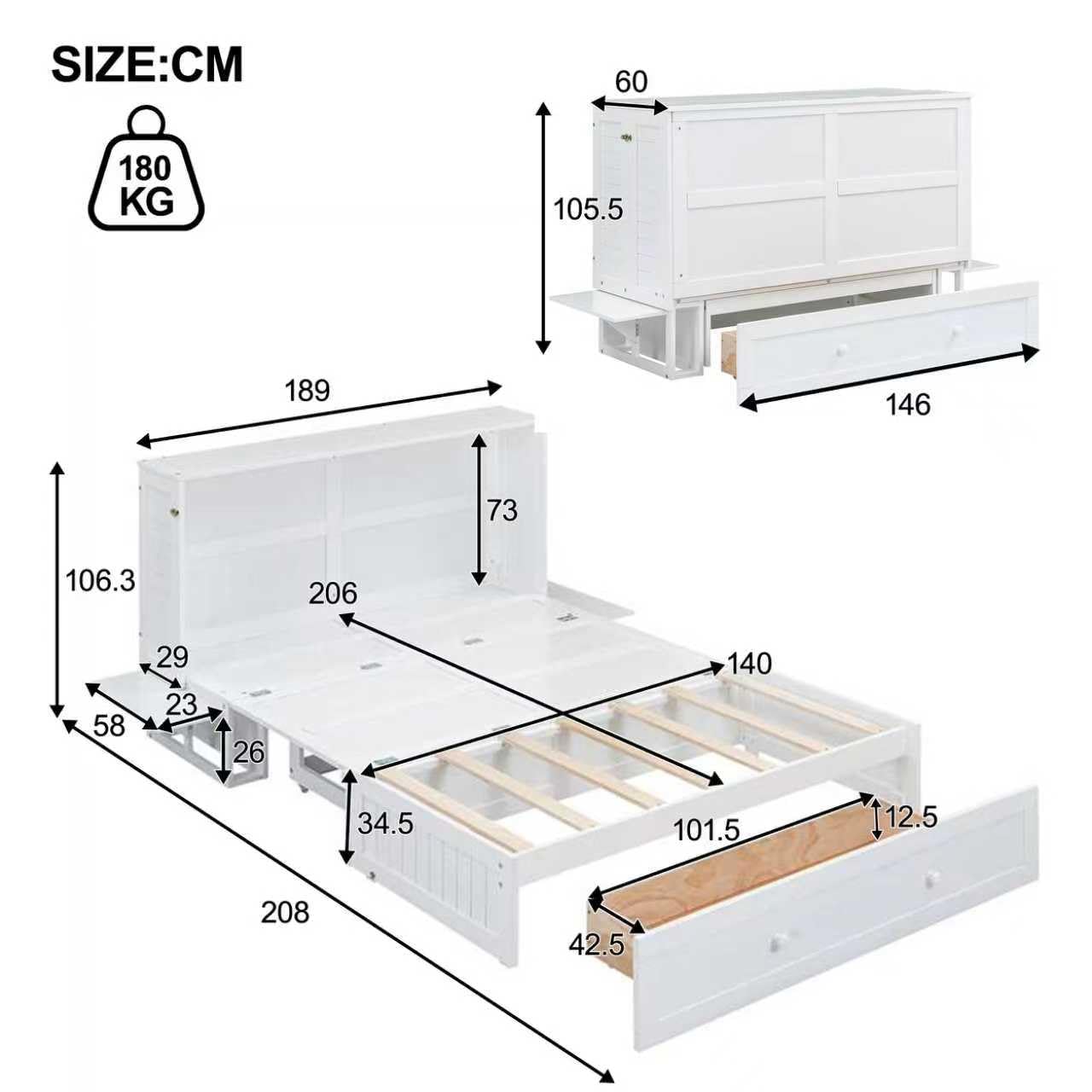 Moimhear Armario de cama móvil de 140 x 200 cm, con cajones en el extremo de la cama y pequeño estante en el lateral de la cama, cama con plataforma transformable, color blanco (140 x 200 cm)
