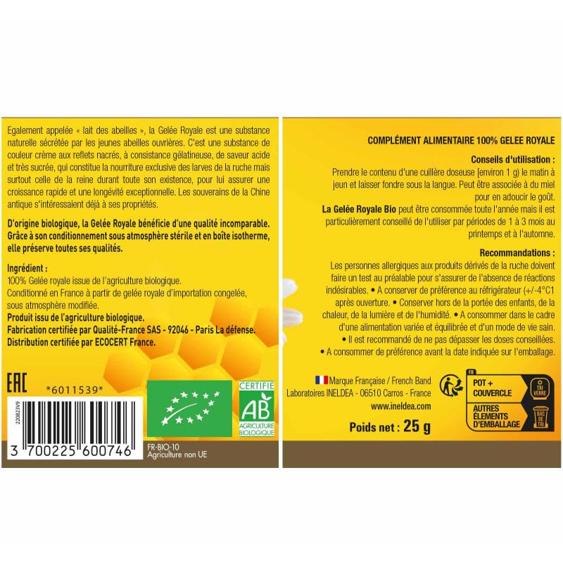 Gelée Royale Bio Ecocert 100% pure - Lot de 3 avec cuillère doseuse - Renforce l'immunité