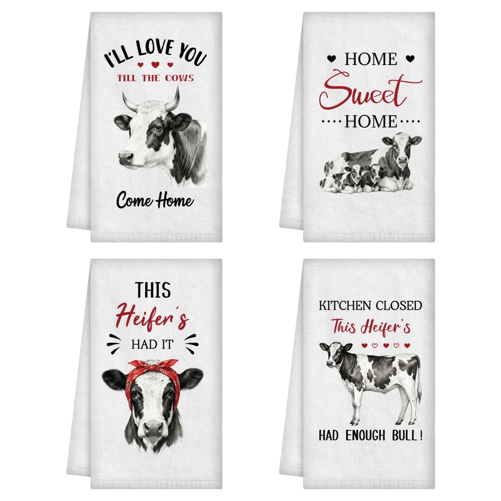 WADORN 4Pcs Funny Cows Hand Towels, Vintage Cow Farmhouse Kitchen Dish Towels 24 x 16 Inch Animal Microfiber Absorbent Soft Hand Tea Dishcloths for Cooking Baking Bathroom Holiday Housewarming Gifts