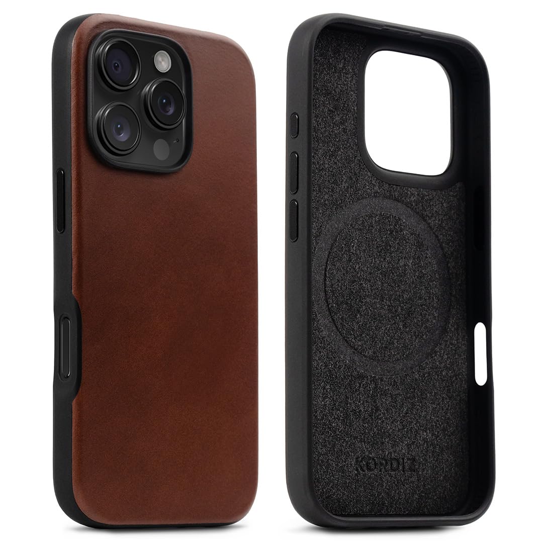 KORDIZ iPhone Leather Impact Case | Protective Case Compatible with iPhone 16 Pro Max | MagSafe & Wireless Charging | Full Grain Leather | TPE Bumper