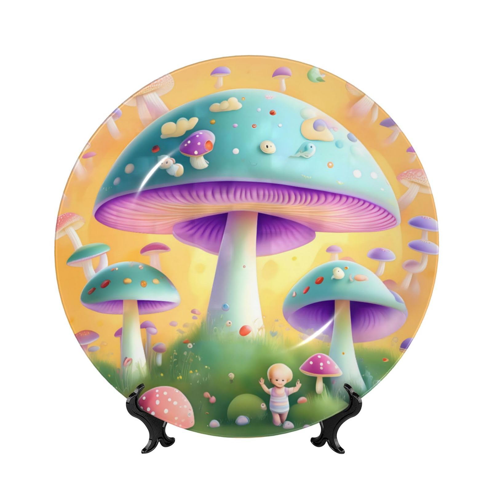 SXZVVBN Fantasy Mushroom Bone China Decorative Plate Art with Stand Removable Adhesive Hanging for Home Office 7in