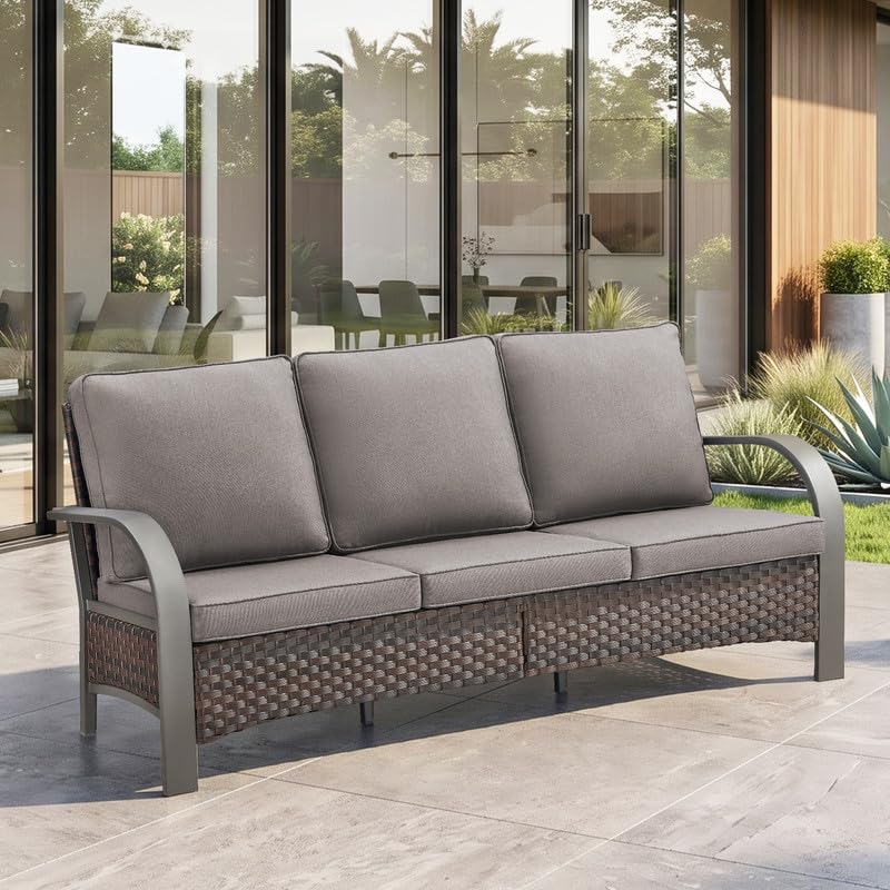 Image of Rilyson 3 Seat Outdoor Wicker Couch, Rattan Patio Sofa with Grey Cushions | Metal Armrest, High Back and Deep Seating, Water-Resistant, Fade-Resistant, Removable Cover, Stain-Resistant