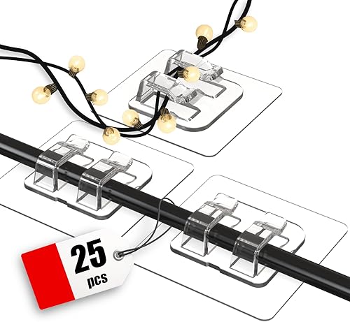 Ganchos para tira de luces al aire libre, paquete de 25 clips de cable resistentes, clips de cable sin daños, impermeables y resistentes a los rayos