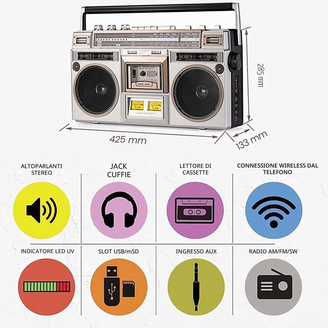 Radio E Registratore Cassette retrò, Stereo Portatile con Lettore CD Anni ‘80, Boombox a Cassette Portatile, con FM e AM + Registrazione USB, Ricevitore Bluetooth, Doppio Altoparlante