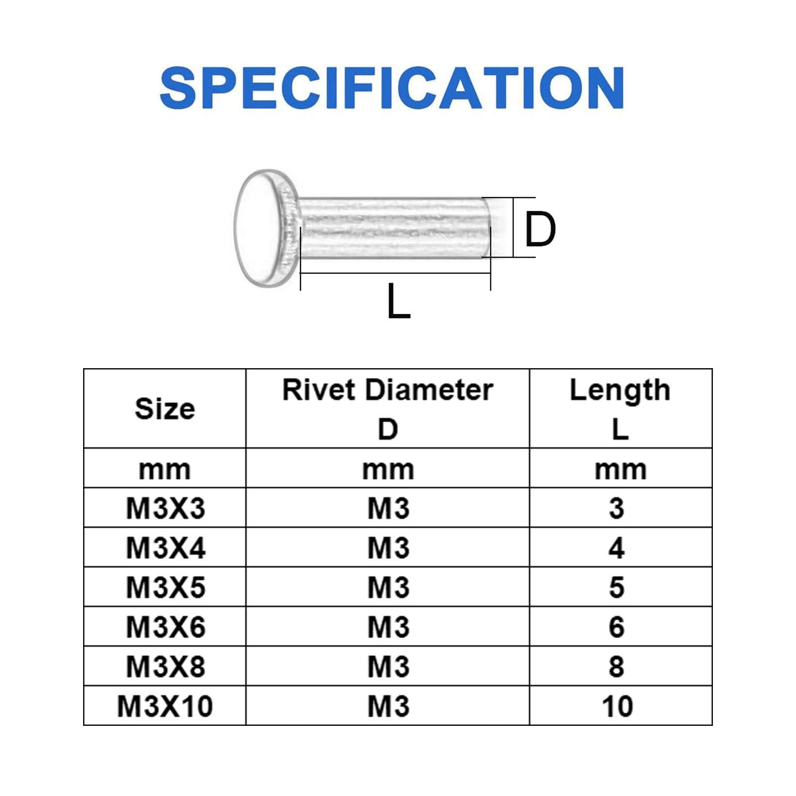 100 Pezzi Rivetti Massicci M3, Rivetti Massicci a Testa Piatta in Rame per Pala, Vanga, Forchetta, Rastrello, Zappa, Riparazione, Giardino(M3X30mm)