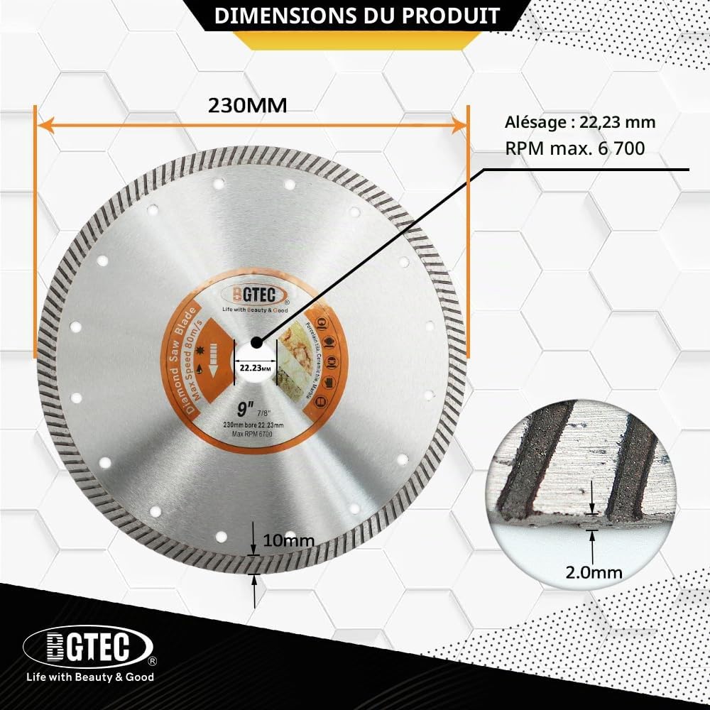 BGTEC Disque Diamant Turbo Super Mince - 230mm Lame de Scie Circulaire Diamètre de l'alésage 22,23 mm Pour découper la céramique/carrelage, le granite et les matériaux durs
