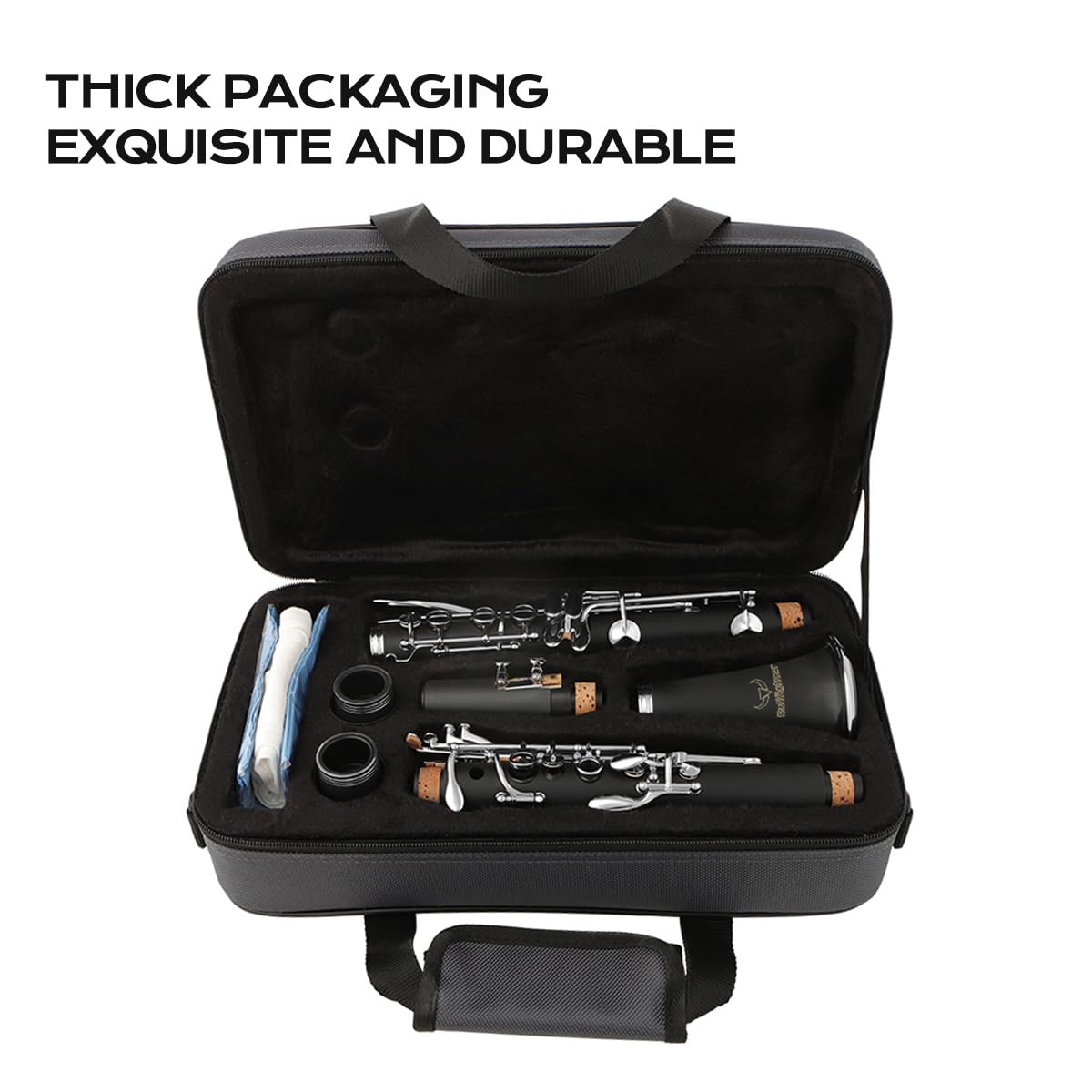 Clarinetto torero in Sib (per principianti e professionisti), ebano con tasti in ottone bianco, viene fornito con 2 corpi, 3 canne, guanti bianchi, custodia rigida e kit di pulizia, modello DHG-100.
