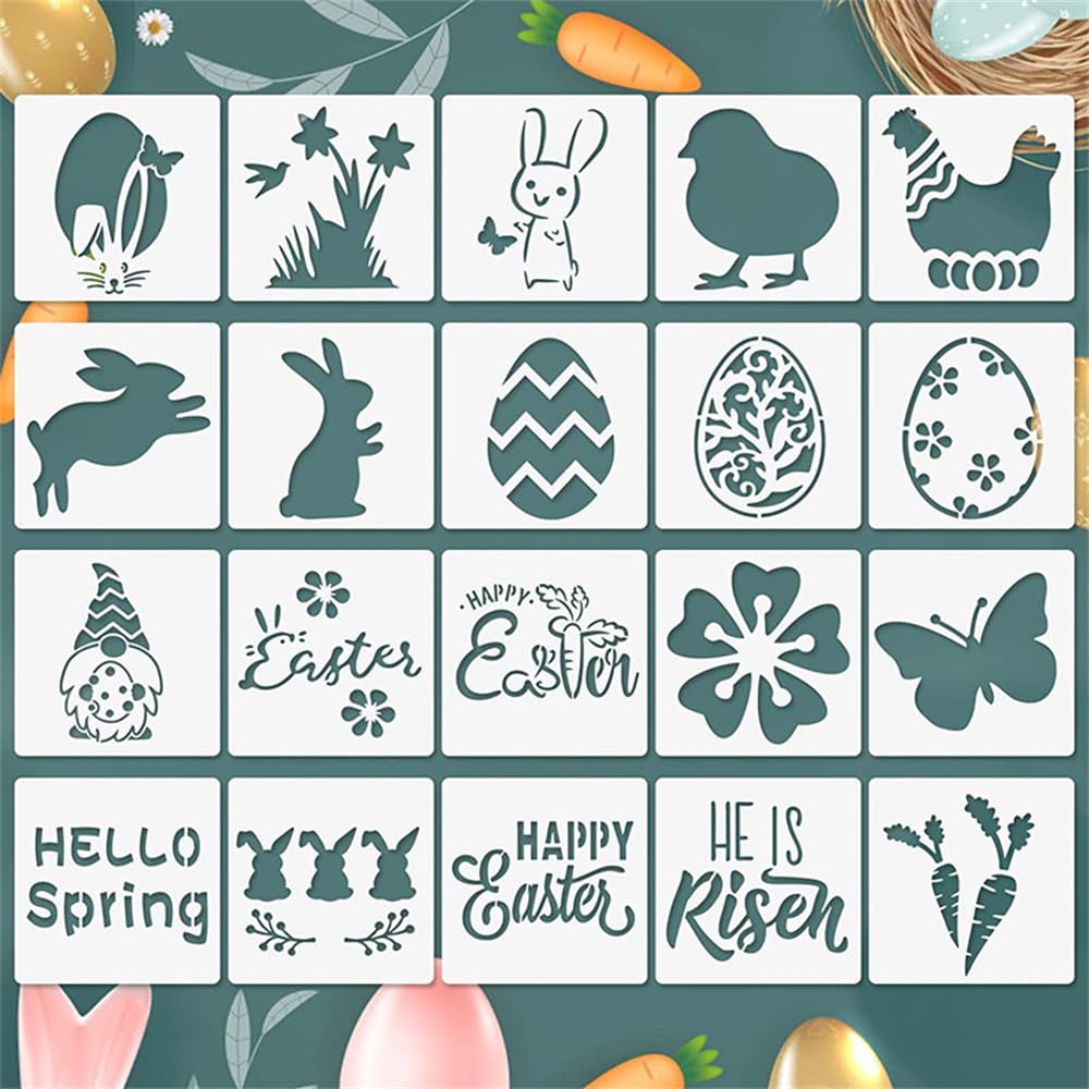 20 pcs Easter Stencils Reusable, 5x5 Spring Theme Stencils for Painting on Wood, Plastic Drawing Painting Spraying Template for Greeting Cards, Wall