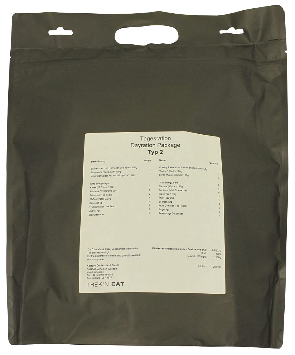 Trek'n Eat Day Ration Pack tipo 2 – razione giornaliera con carne per 1 persona | ca. 3.000 kcal, pacchetto completo | outdoor, trekking, prevenzione delle crisi e cibo di sopravvivenza