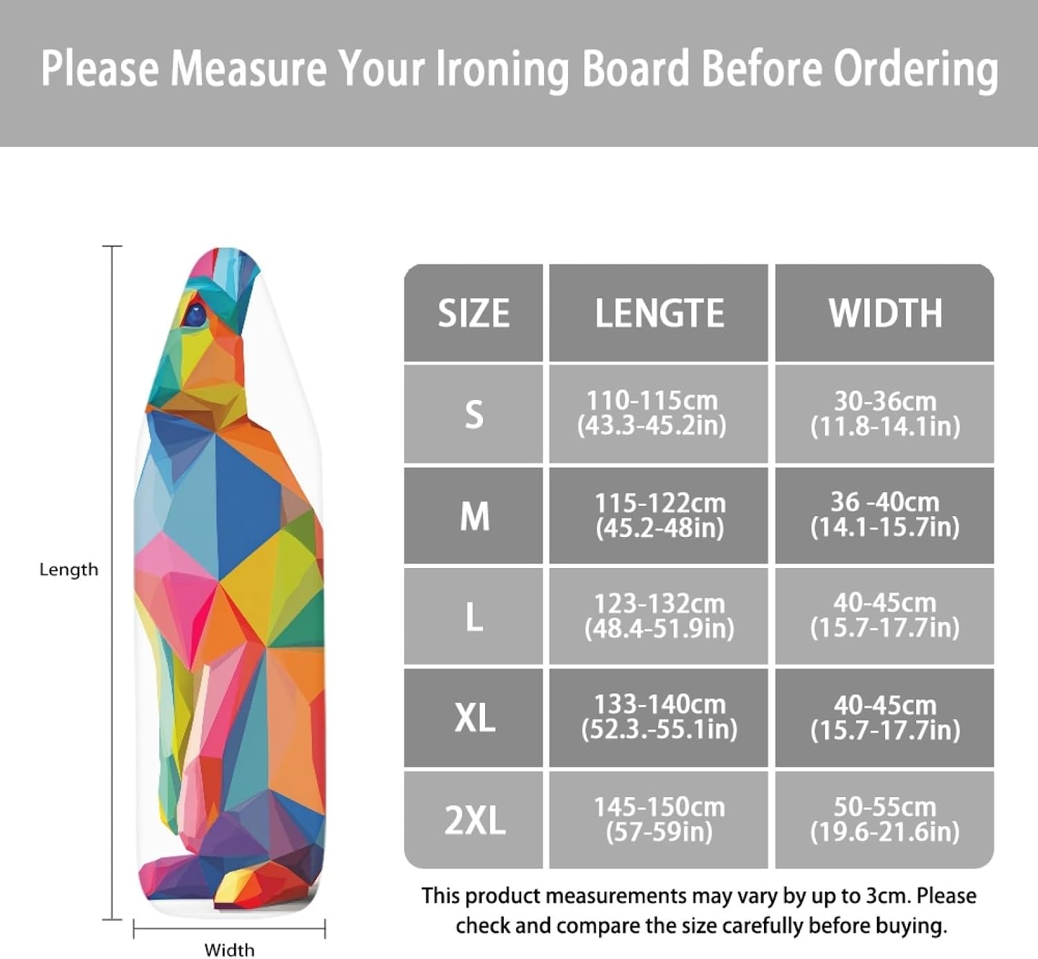 Large Ironing Board Cover and Pad 59x19 Blue Pink Yellow Iron Table Cover with Padding,Extra Wide,Resist Scorching and Staining,Heatproof,Adjustable Fastener Durable Stain