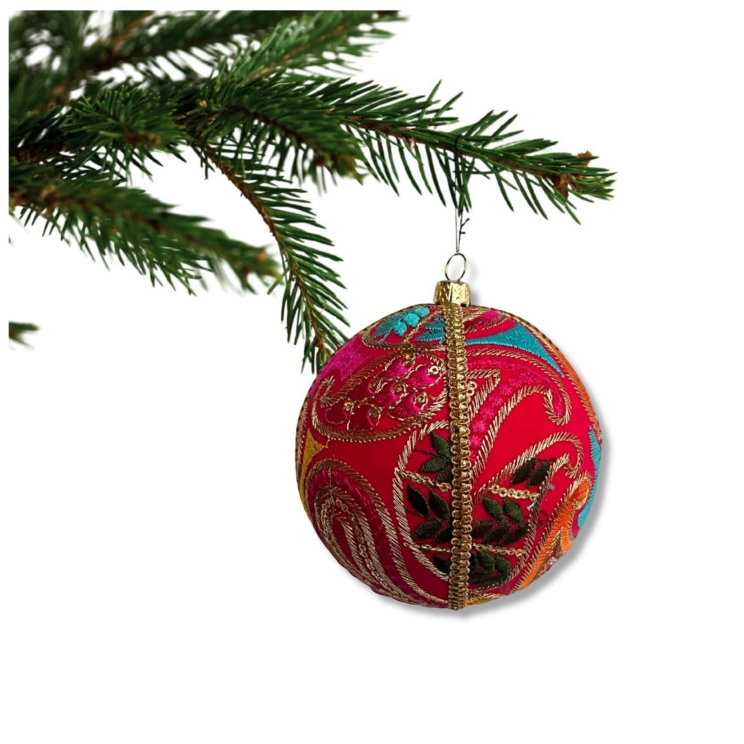 Aditi Bauble – Hot Pink with Paisley Embroidery | 10cm | Handmade Luxury Fabric Ornament | Sustainable Home & Event Décor | Eco-Friendly Gift | UK Artisan Craft by Marisha Mistry