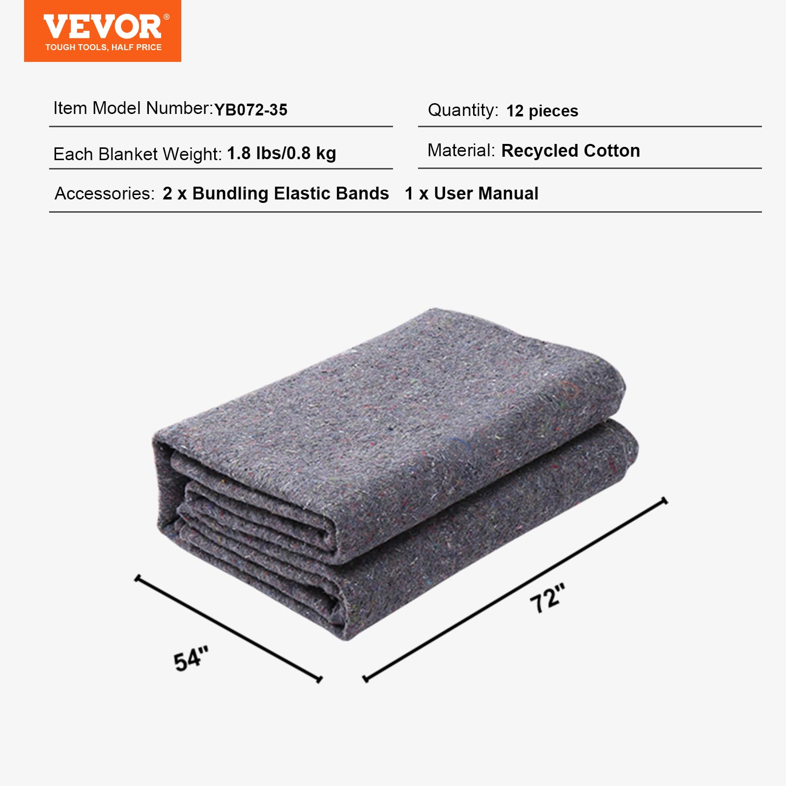 VEVOR 12x Umzugsdecken 1829x1372mm Möbeldecken recycelte Baumwolle Lagerdecken Umzug Packdecken Transport-Decken Möbelpackdecken Verpackungsdecken zum Schutz für Möbel