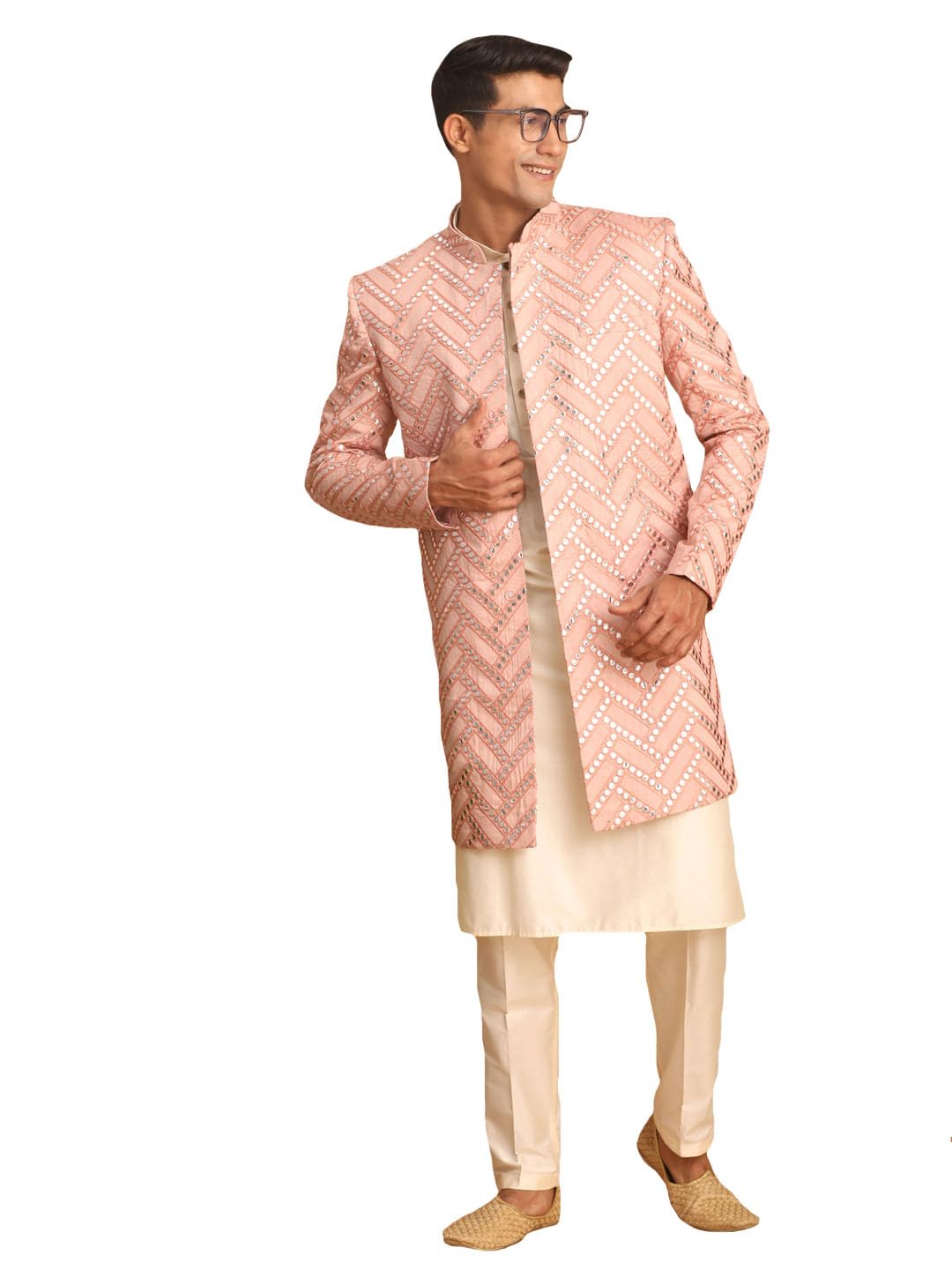 Men's Aqua And Cream Silk Blend Ethnic Combo Set | Trend setting Men's Indowestern Style Mirror Work Sherwani made of fancy fabric.This Set Contains Kurta And Pant Style Pyjama.-image-25
