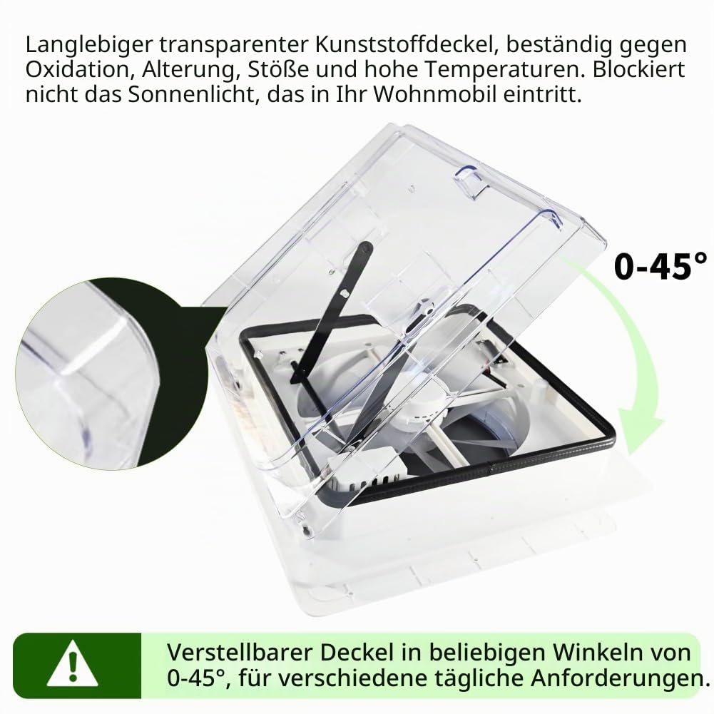 ZOIZ 12V Wohnmobil Dachventilator 360 mm, RV Dachlüfter mit transparentem Deckel, Fernbedienung, reversibel Abluft & Zuluft, extrem leise für Wohnwagen Camper, UV-beständig