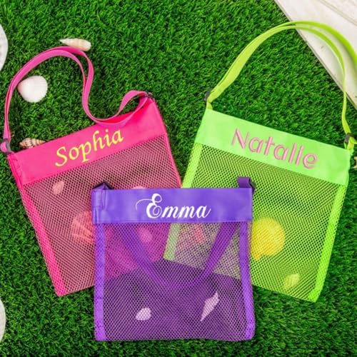 Personalized Seashell Mesh Bag,Embroidered Kids Beach Bag,Beach Shell Bags,Custom Shell Collecting Mesh Tote,Party Favor Bag3