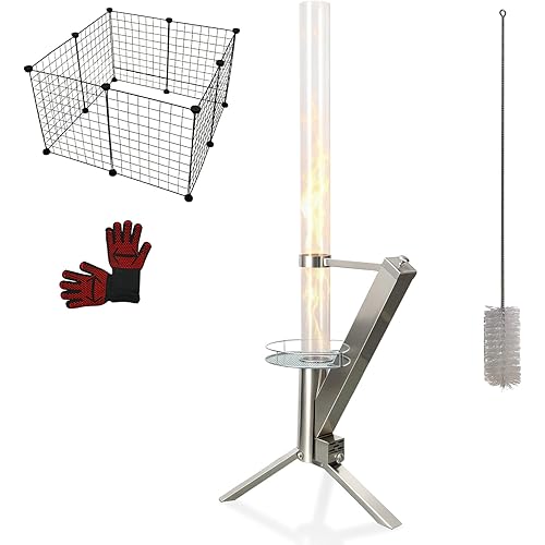 50" Wood Pellet Patio Heater, Heavy Duty Stainless Steel Rocket Stove & Pellet Fire Pit with Gloves and Safety Guard, Smokeless Wood Pellet Heater Outdoor, Patio Pellet Heater for Backyard Terrace