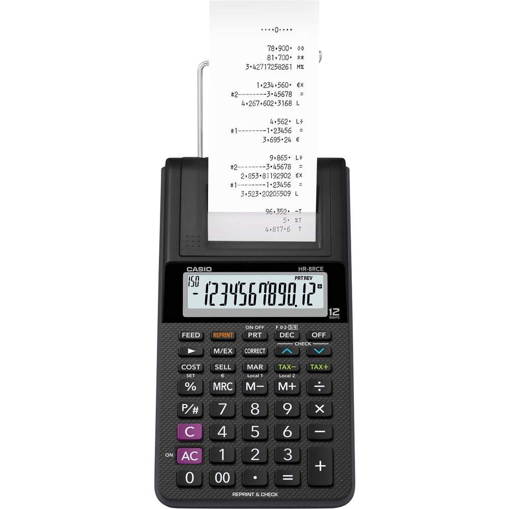 CASIO Kalkulator biurkowy HR-8RCE, 12-cyfrowy, druk powtórzeń, koszt/sprzedaż/margin, profesjonalny rachunek procentowy