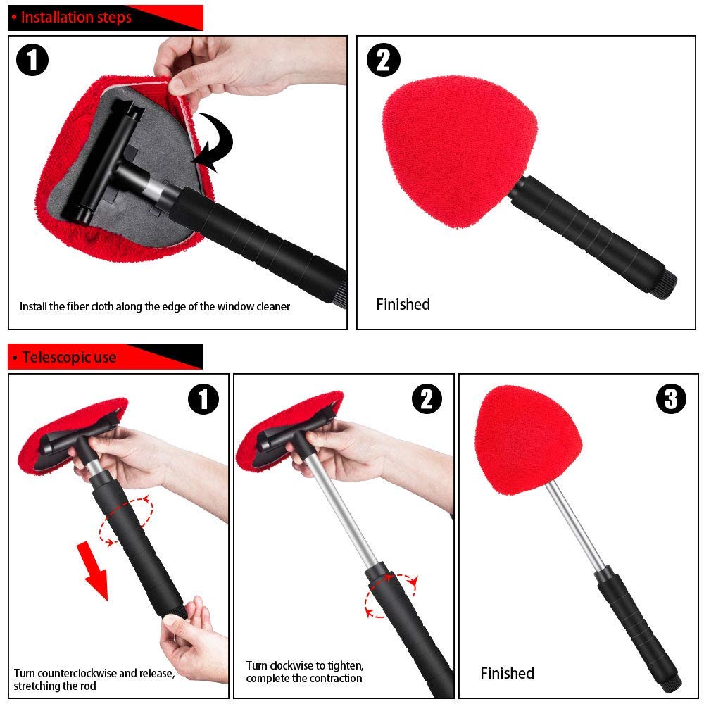 Pulitore Parabrezza Auto Telescopico – Con 6 Panni In Microfibra E Flacone Spray, Testina Girevole 180°