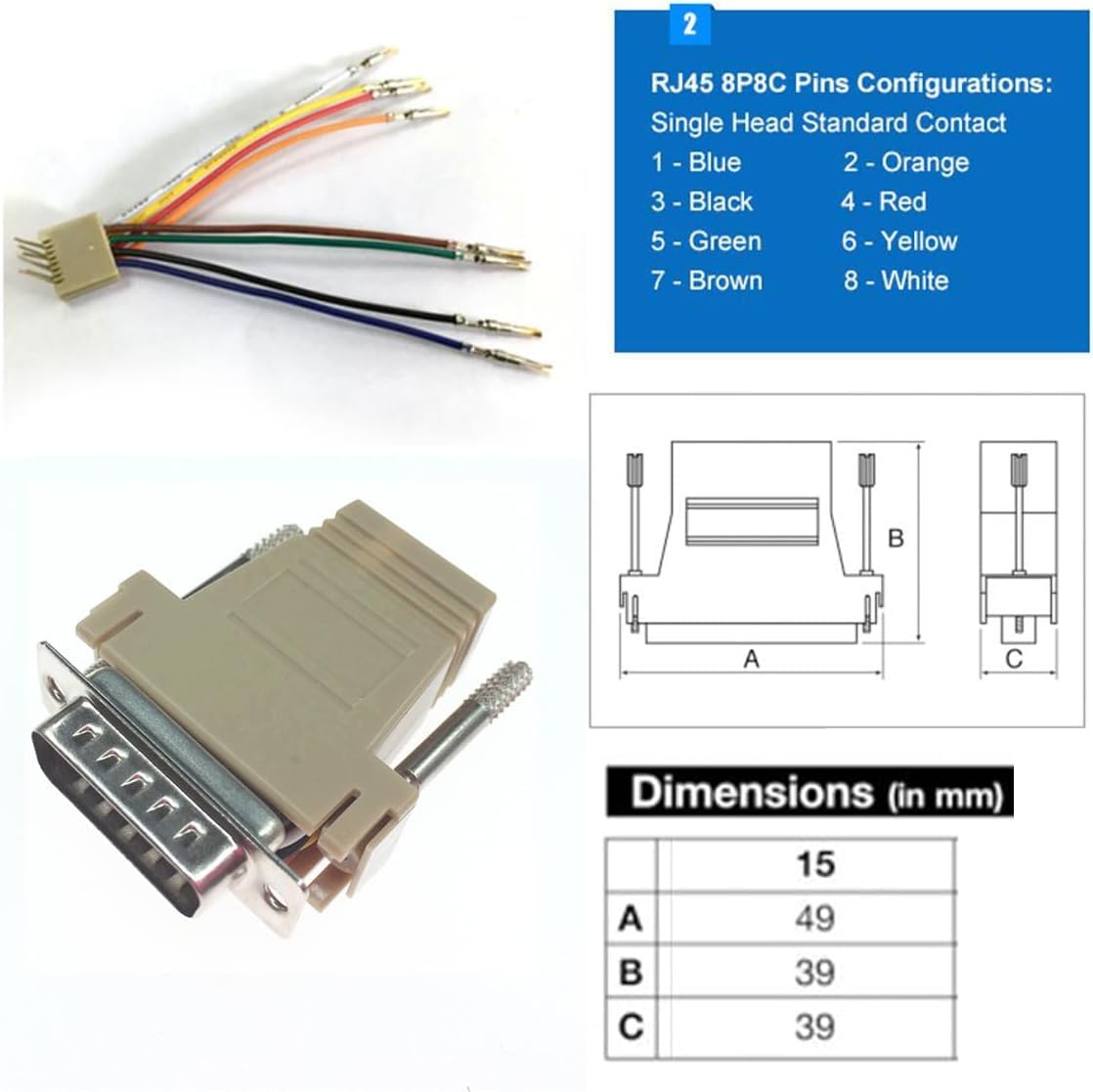 Lot 4 Adaptateurs DB15 Vers RJ45 – 2 Mâles + 2 Femelles, Connexion Série Ethernet Cat5e/6, Personnalisable