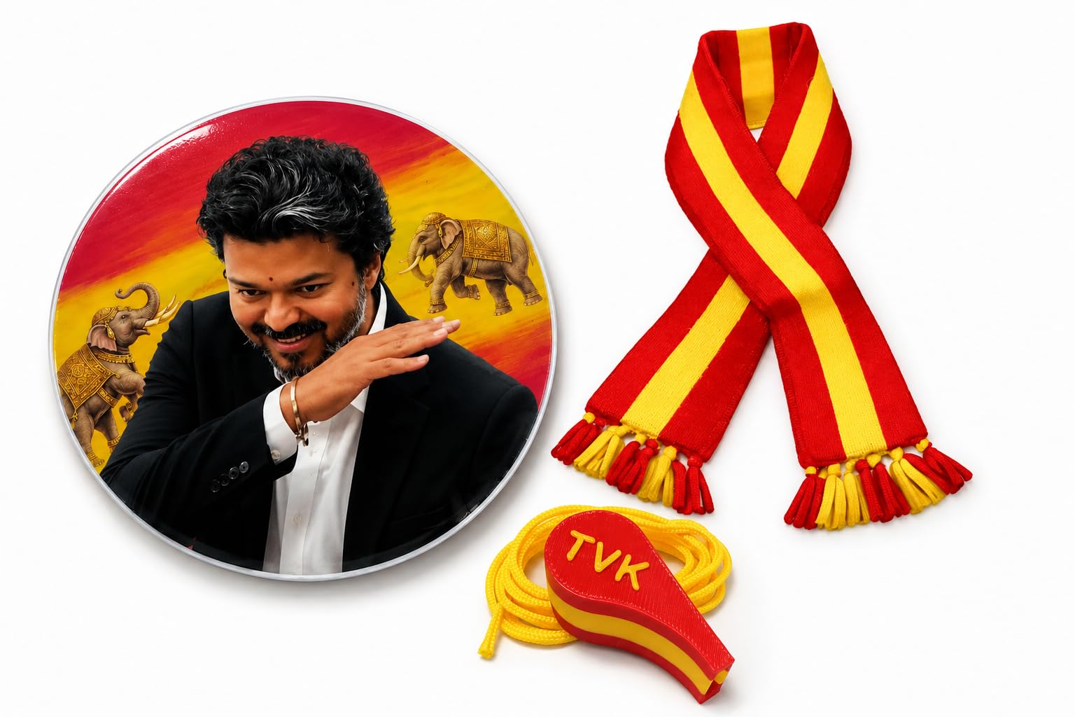 CM Vijay TVK Combo Pack, Round Magnetic Badge, Muffler Scarf and Whistle, Red and Yellow, Combo Pack of 3-image-36